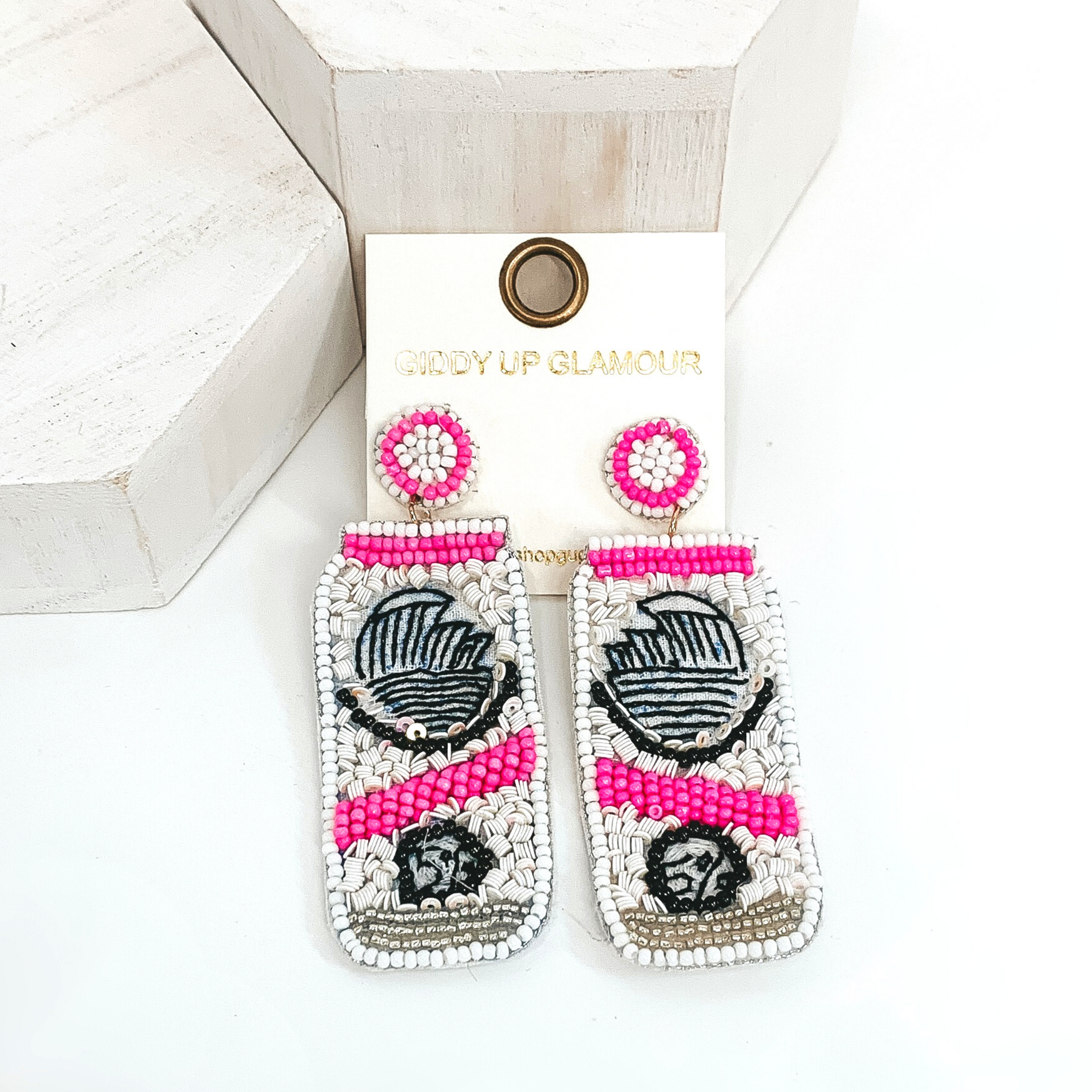 Seltzer Can Earrings in White/Pink - Giddy Up Glamour Boutique