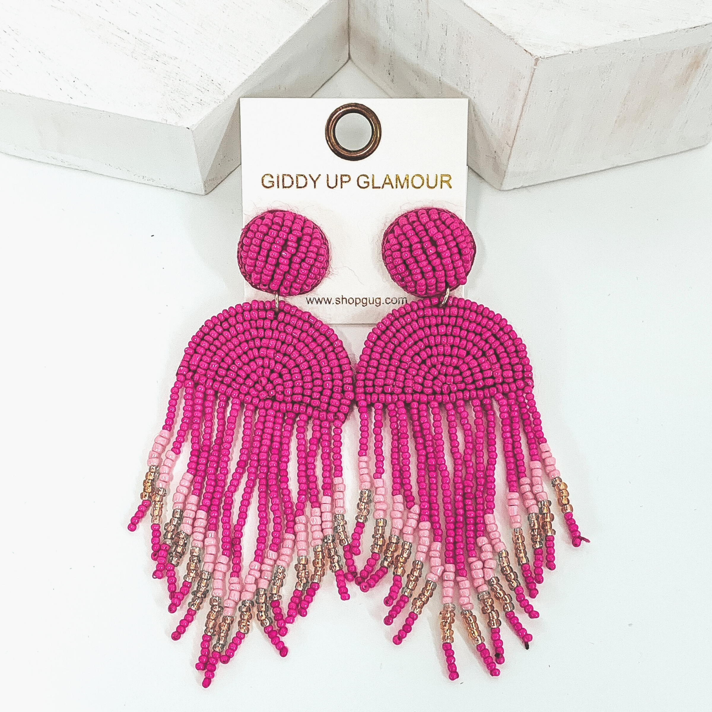 Semi Circle Drop Beaded Earrings with Tassels in Fuchsia - Giddy Up Glamour Boutique