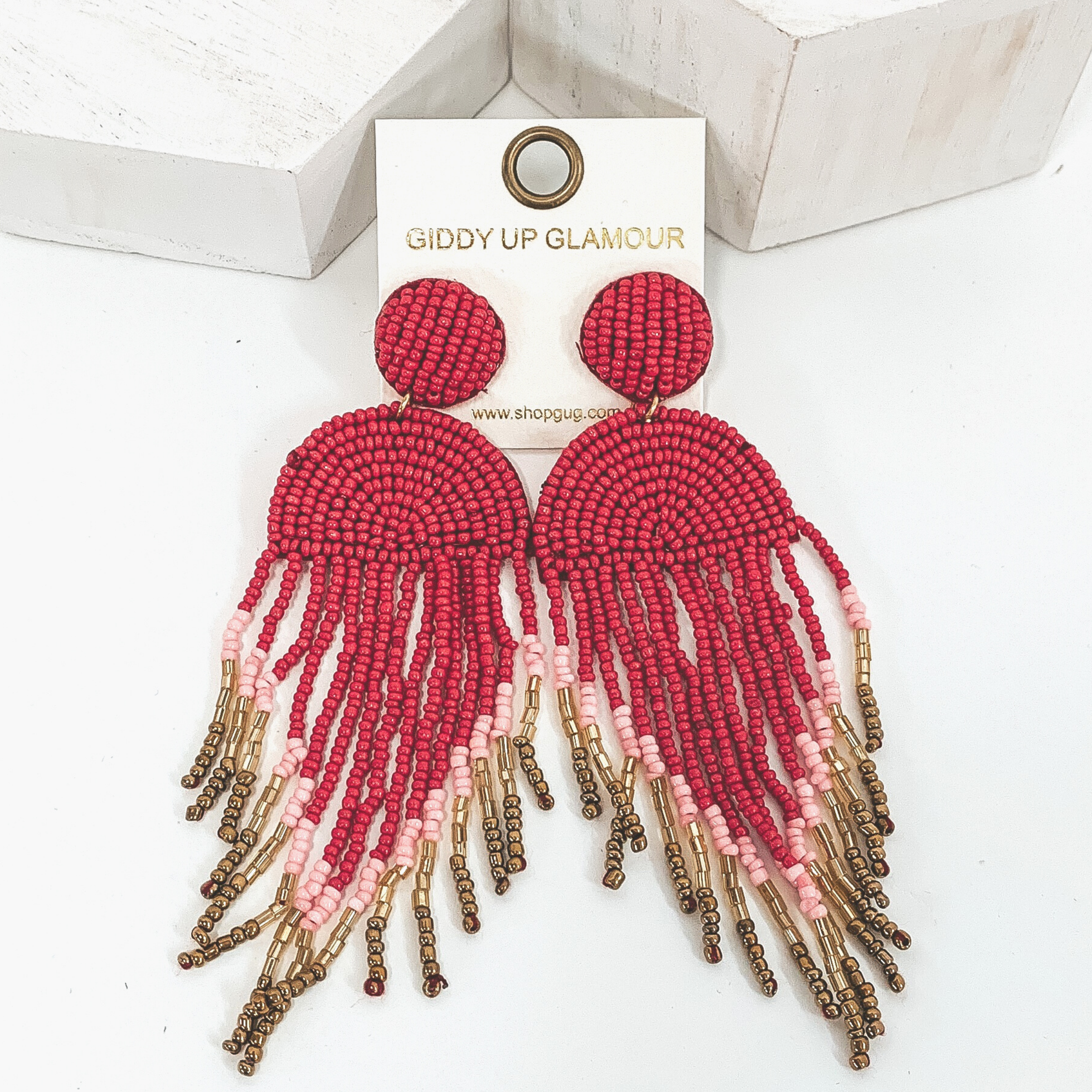 Semi Circle Drop Beaded Earrings with Tassels in Red - Giddy Up Glamour Boutique