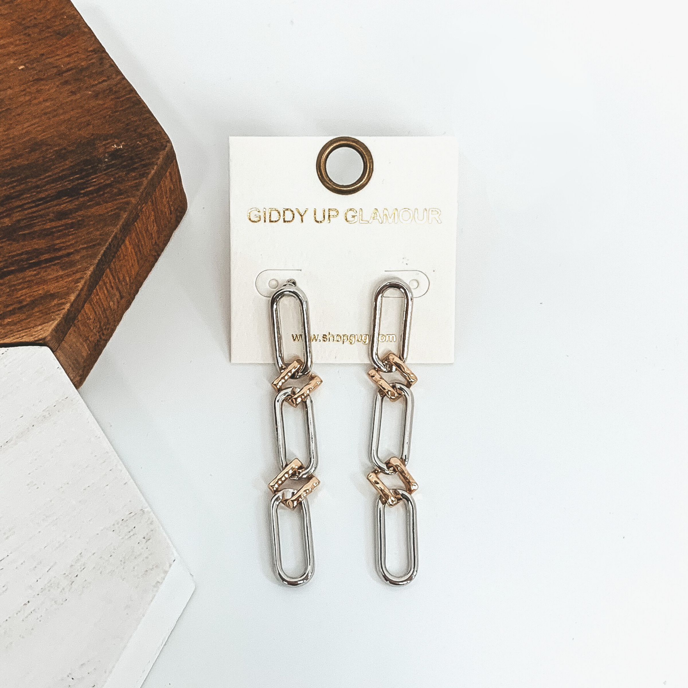 Don't Leave Me Hanging Chain Link Earrings in Silver Tone & Gold Mix Metal - Giddy Up Glamour Boutique