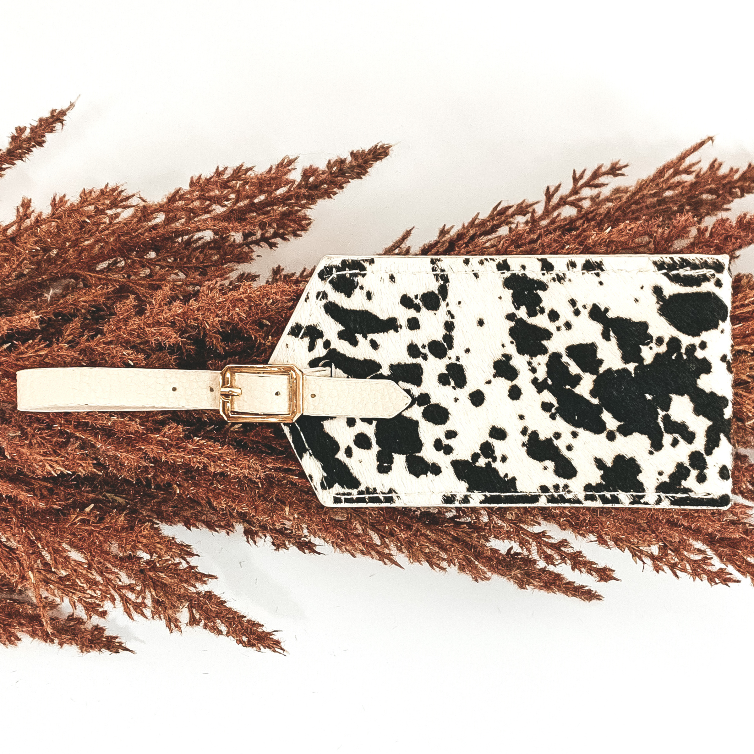 Ivory Luggage Tag with Cow Print - Giddy Up Glamour Boutique