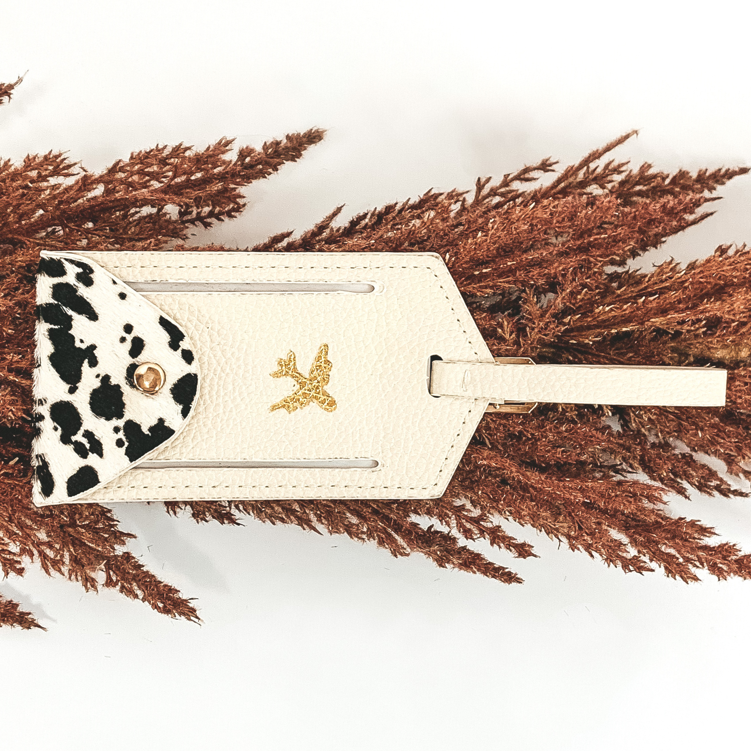 Ivory Luggage Tag with Cow Print - Giddy Up Glamour Boutique