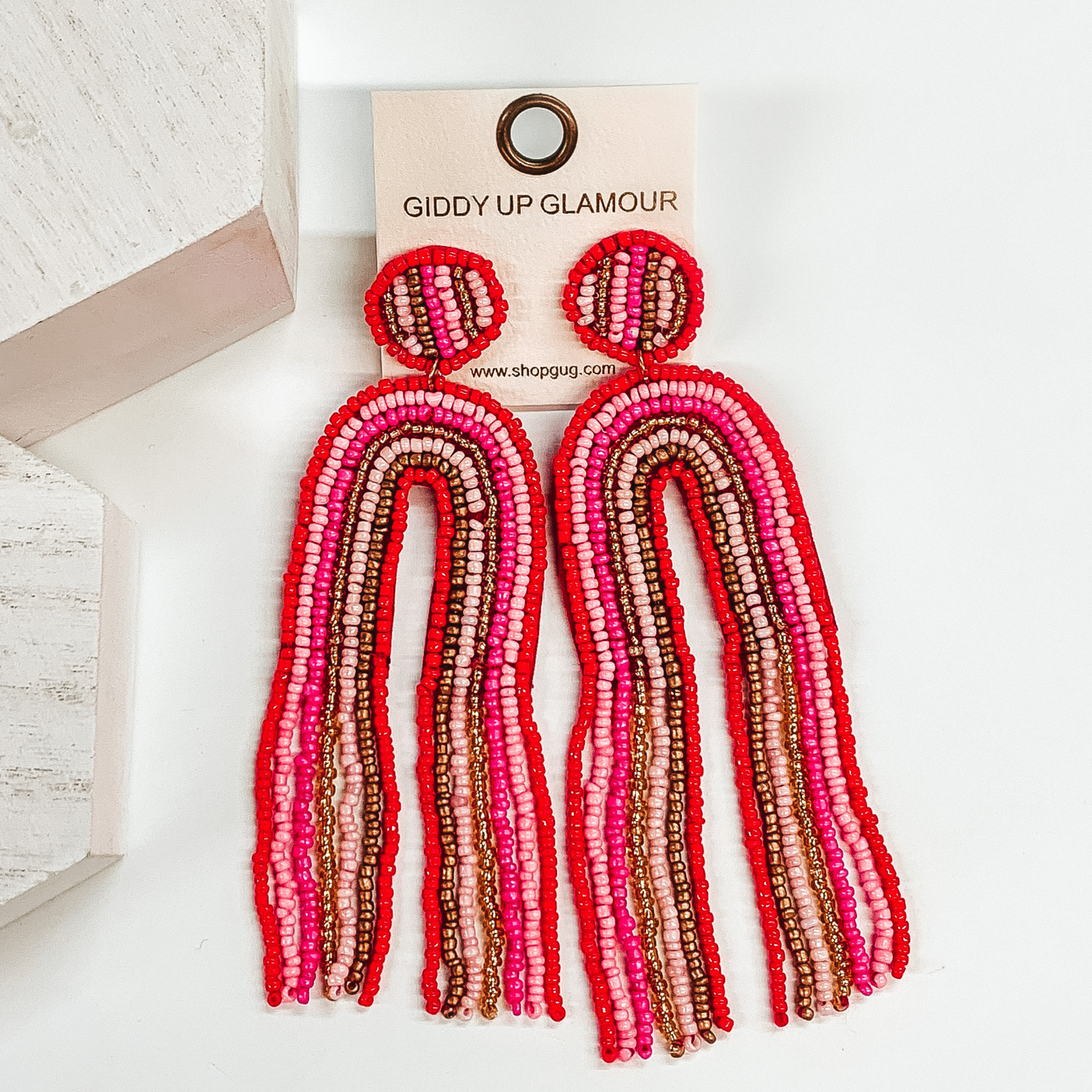 Rainbow Beaded Earrings with Tassels in Red - Giddy Up Glamour Boutique