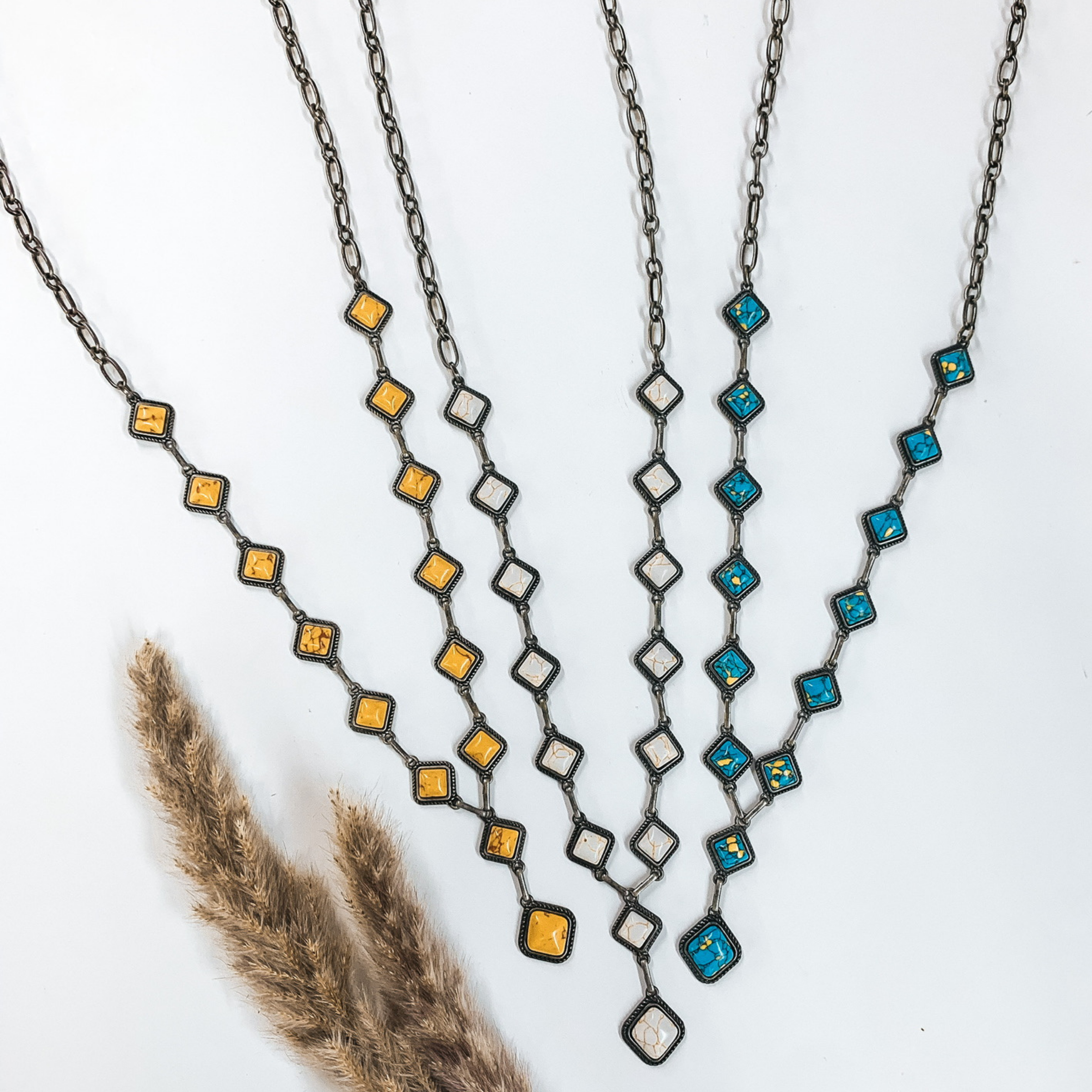 Silver Chain Necklace with Turquoise Square Stones - Giddy Up Glamour Boutique