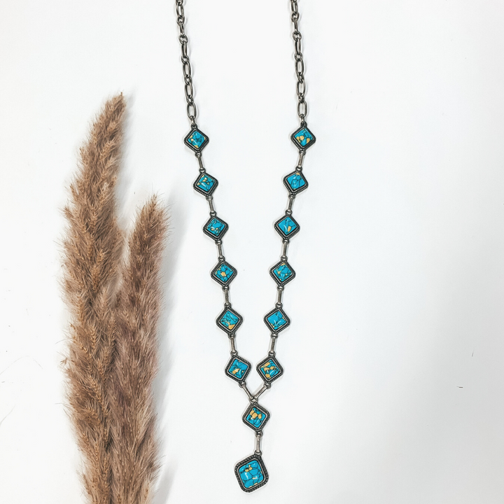 Silver Chain Necklace with Turquoise Square Stones - Giddy Up Glamour Boutique