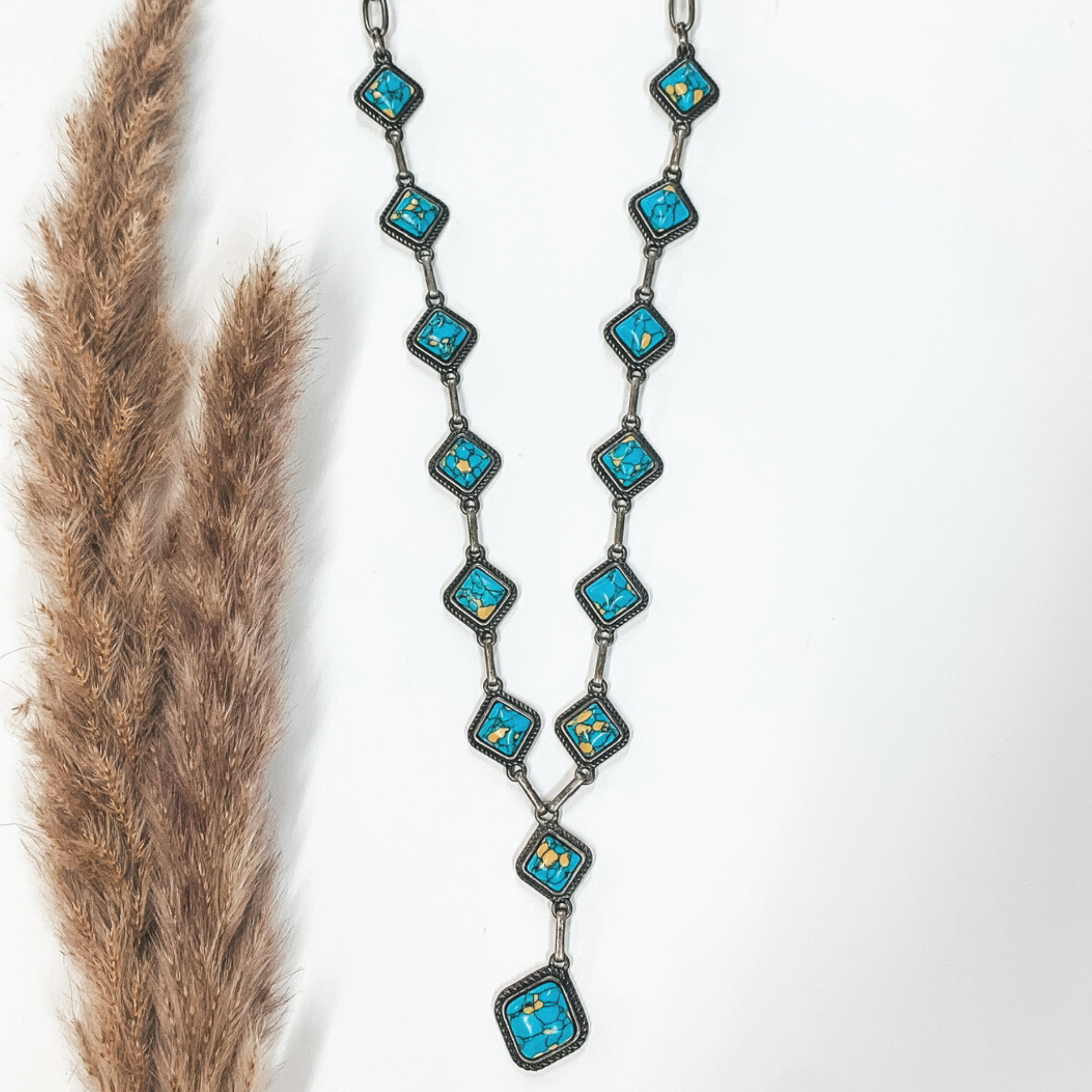 Silver Chain Necklace with Turquoise Square Stones - Giddy Up Glamour Boutique