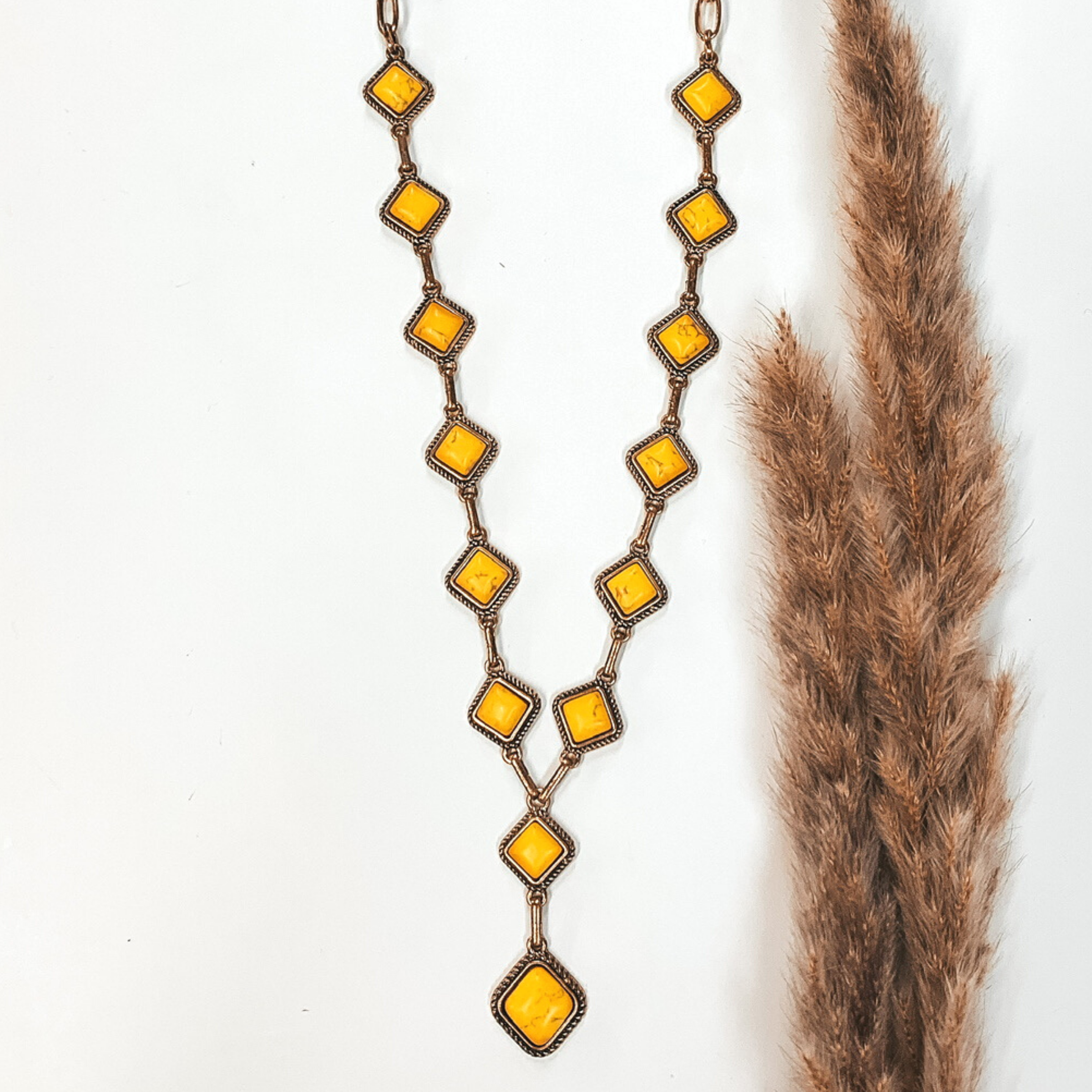 Gold Chain Necklace with Mustard Yellow Square Stones - Giddy Up Glamour Boutique