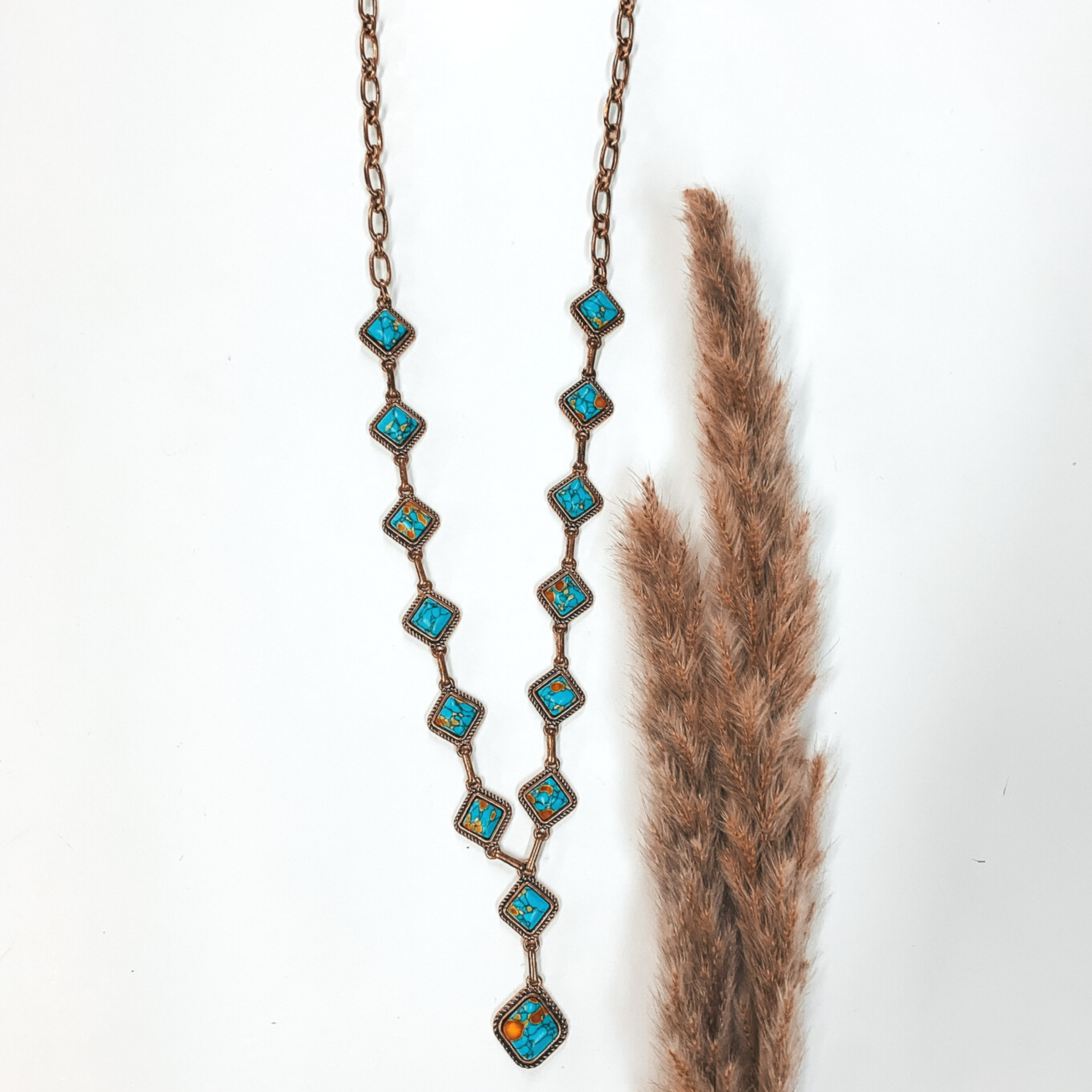 Gold Chain Necklace with Turquoise Square Stones - Giddy Up Glamour Boutique