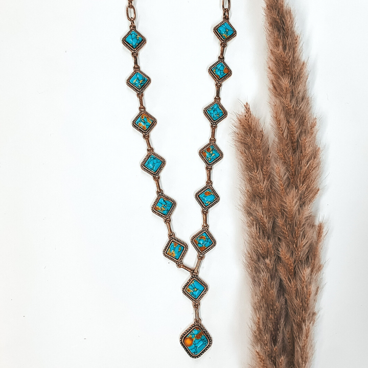 Gold Chain Necklace with Turquoise Square Stones - Giddy Up Glamour Boutique