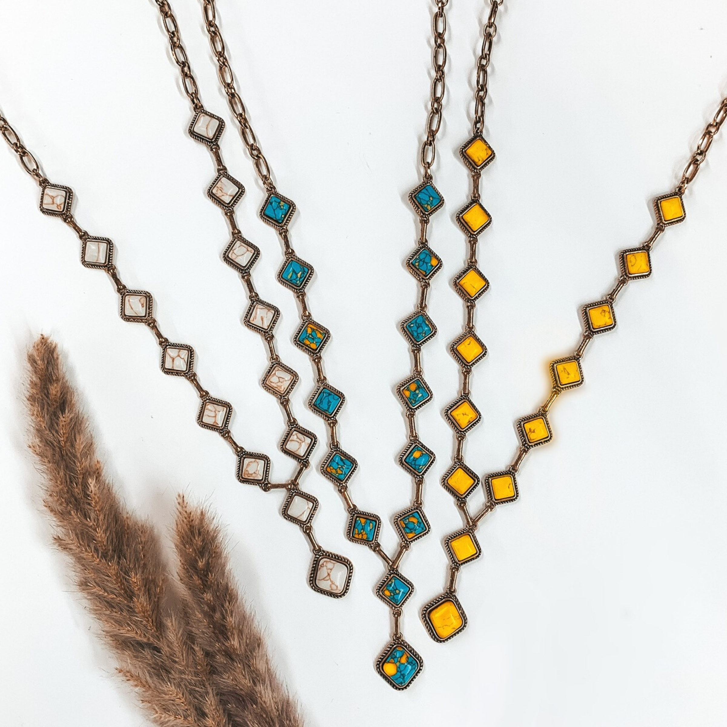 Gold Chain Necklace with Turquoise Square Stones - Giddy Up Glamour Boutique