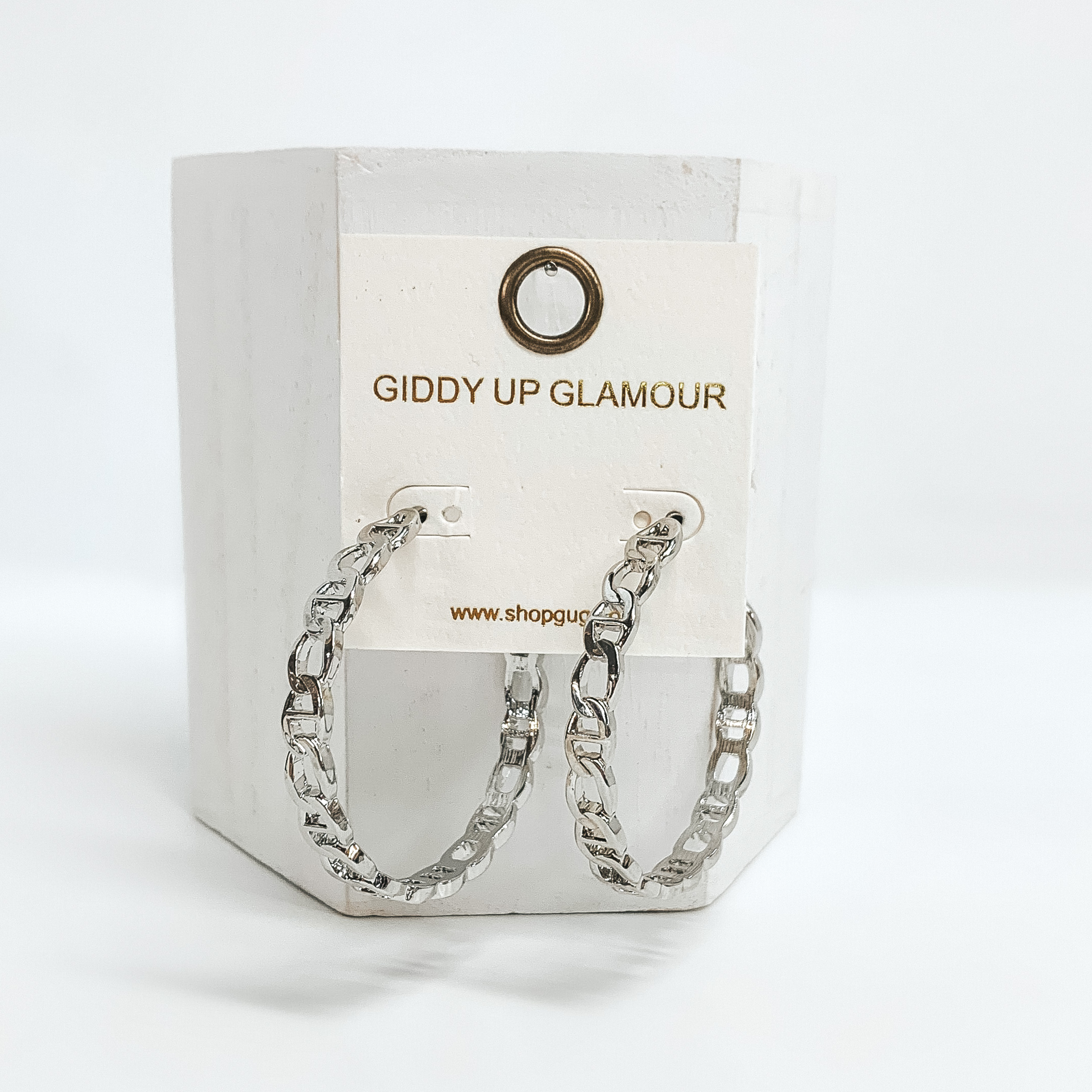 Oval Chained Large Hoop Earrings in Silver - Giddy Up Glamour Boutique