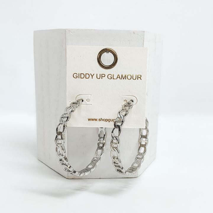 Oval Chained Large Hoop Earrings in Silver - Giddy Up Glamour Boutique