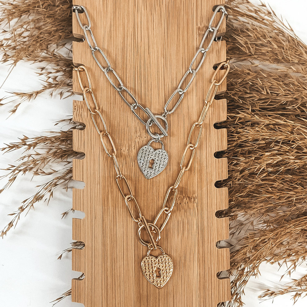 Silver Chained Necklace with Heart Pendant and Toggle Clasp - Giddy Up Glamour Boutique