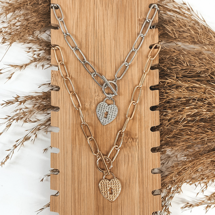 Silver Chained Necklace with Heart Pendant and Toggle Clasp - Giddy Up Glamour Boutique