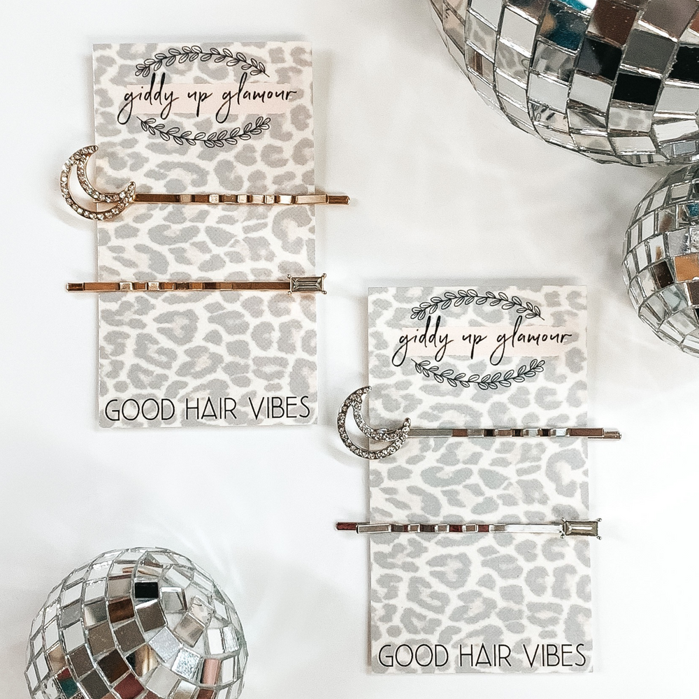 Set of Two | Crystal Moon and Small Baguette Hair Pin in Silver - Giddy Up Glamour Boutique