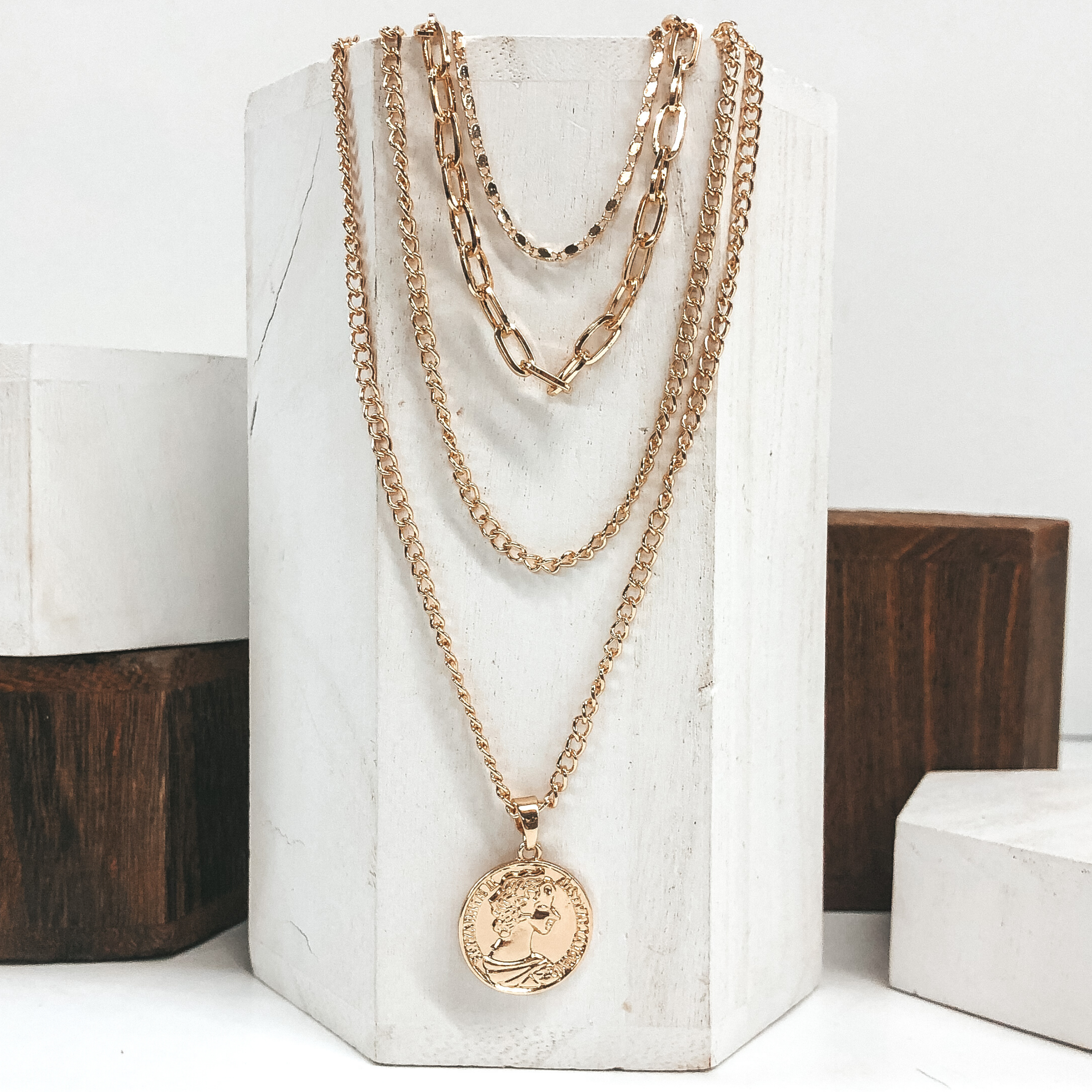 Four Strand Multi Chain Necklace Set with Gold Coin in Gold - Giddy Up Glamour Boutique