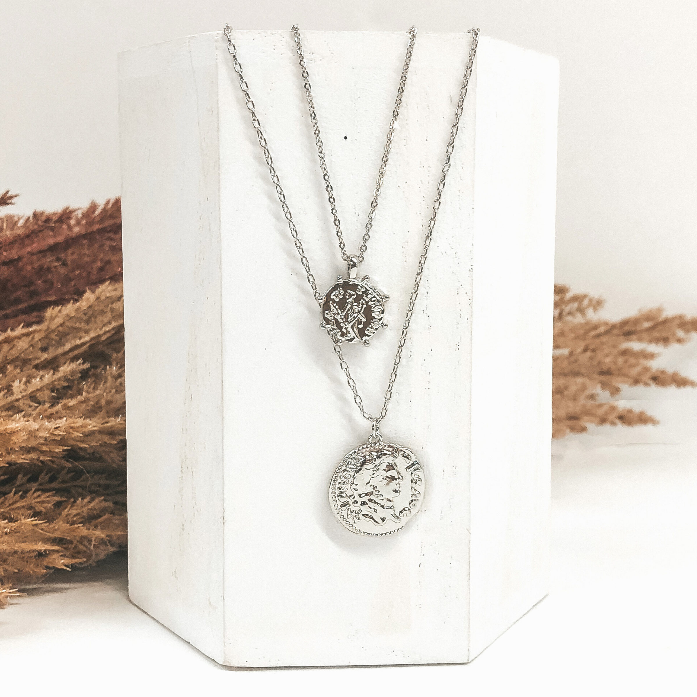 Two Strand Chained Necklace in Silver with Two Silver Coins - Giddy Up Glamour Boutique