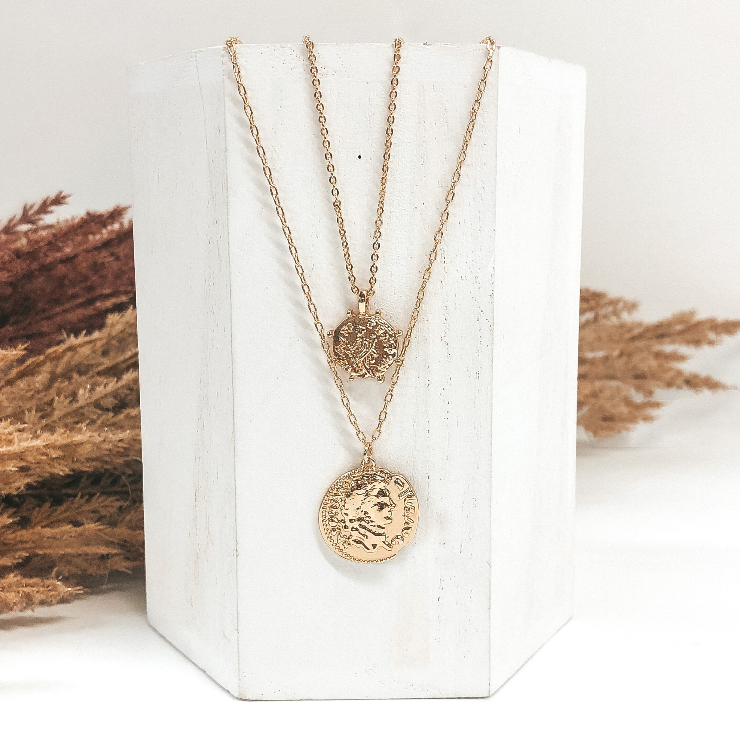 Two Strand Chained Necklace in Gold with Two Gold Coins - Giddy Up Glamour Boutique