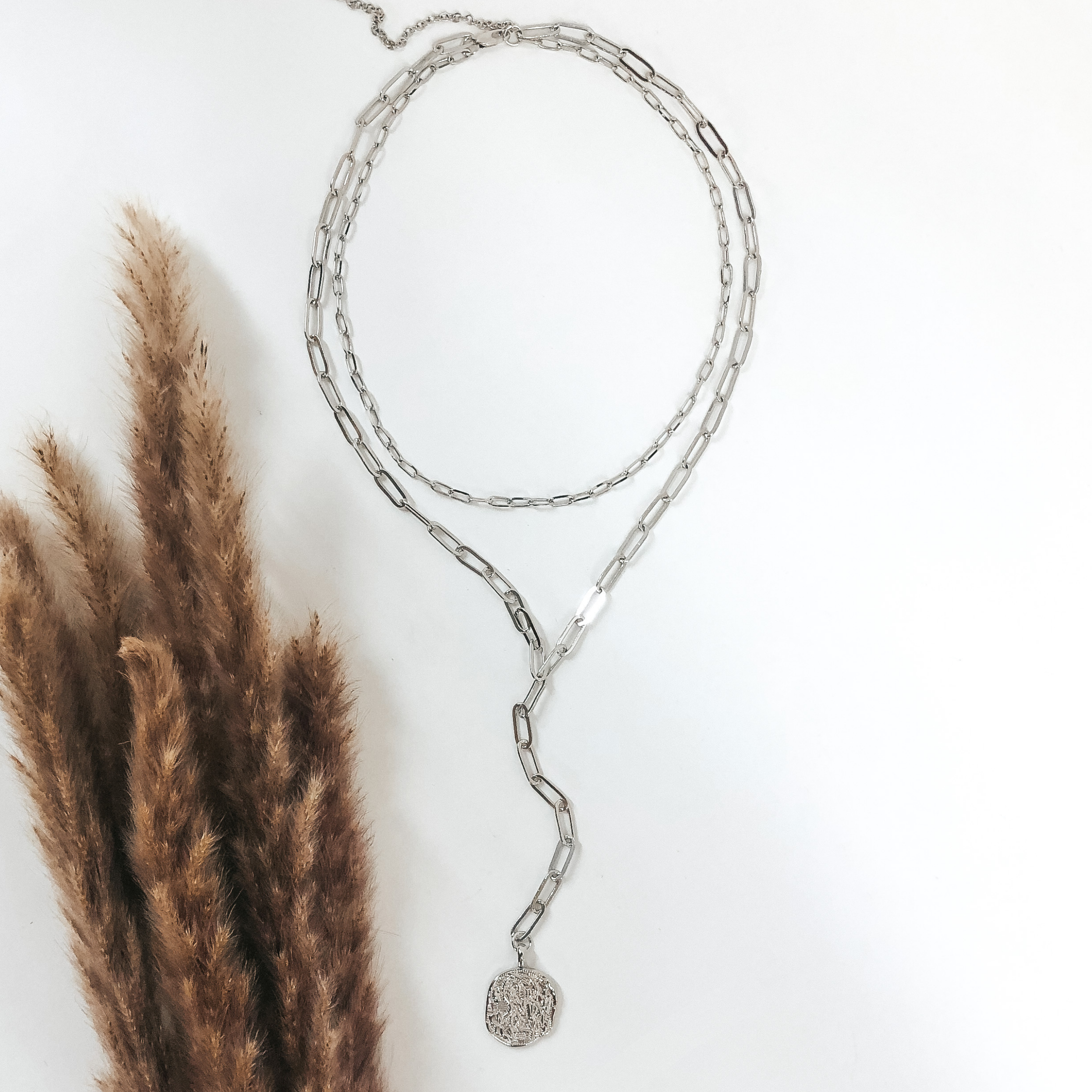 Two Strand Multi Chain Lariat Style Necklace with Coin in Silver - Giddy Up Glamour Boutique