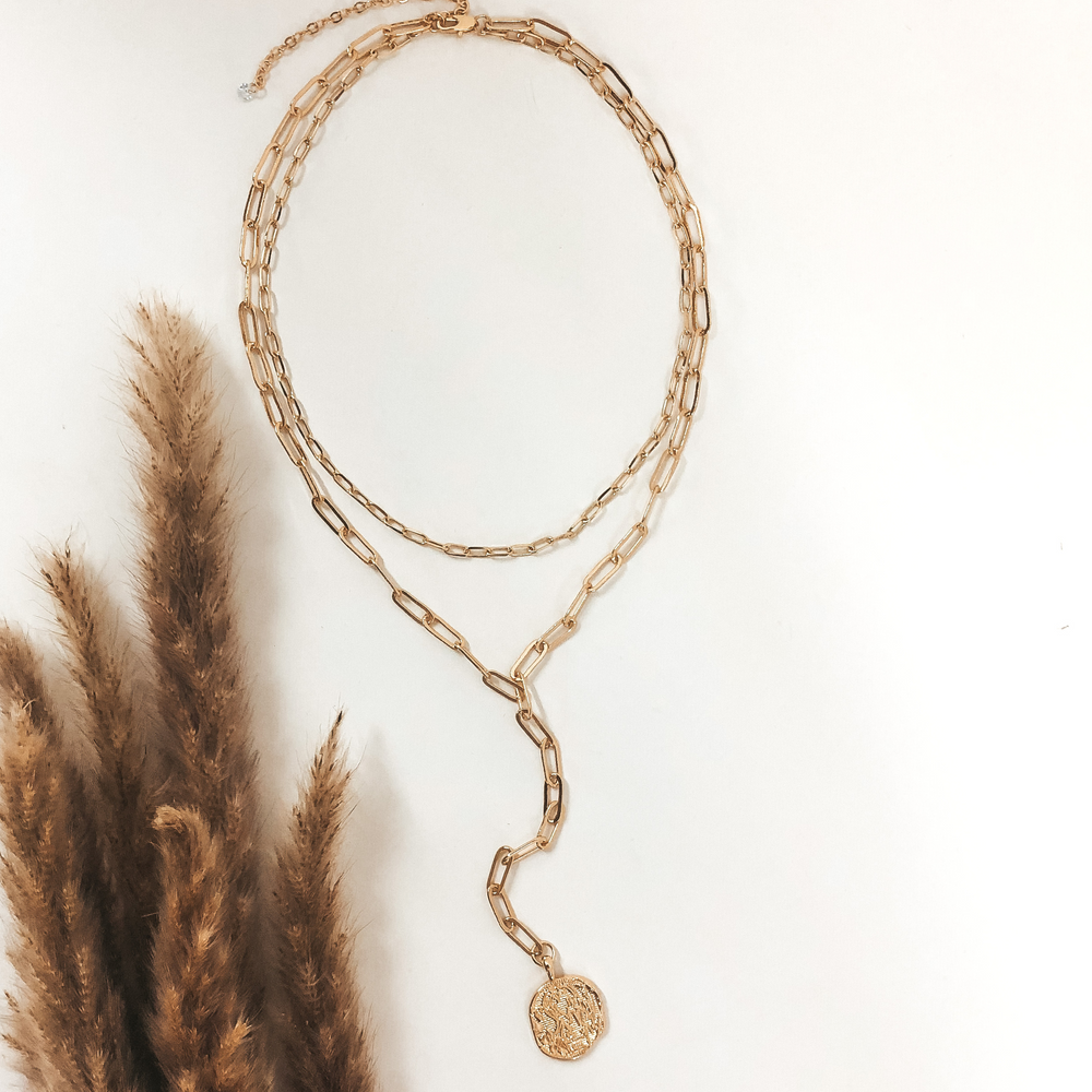 Two Strand Multi Chain Lariat Style Necklace with Coin in Gold - Giddy Up Glamour Boutique