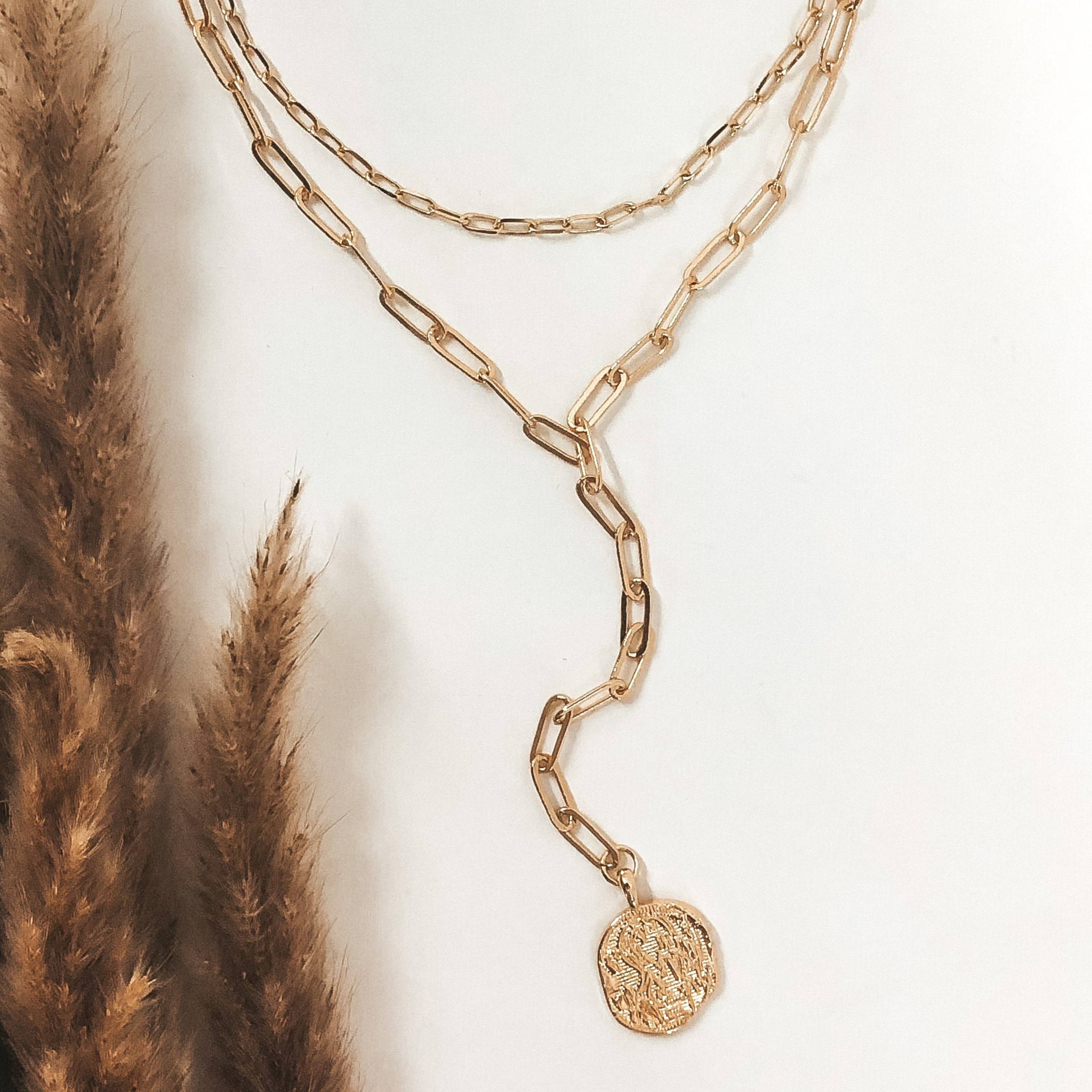 Two Strand Multi Chain Lariat Style Necklace with Coin in Gold - Giddy Up Glamour Boutique