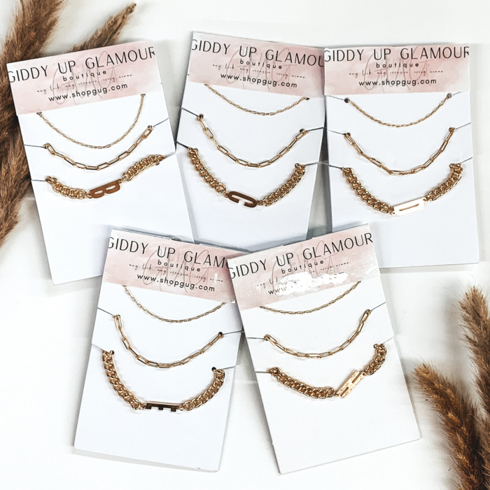 Initial Multi Chain Bracelet Set in Gold - Giddy Up Glamour Boutique