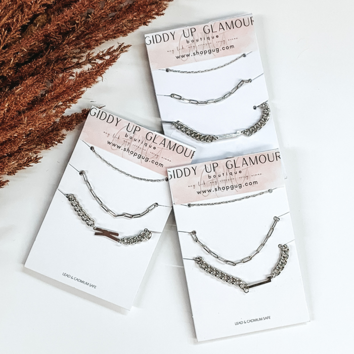 Initial Multi Chain Bracelet Set in Silver - Giddy Up Glamour Boutique