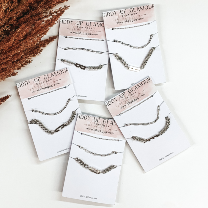 Initial Multi Chain Bracelet Set in Silver - Giddy Up Glamour Boutique