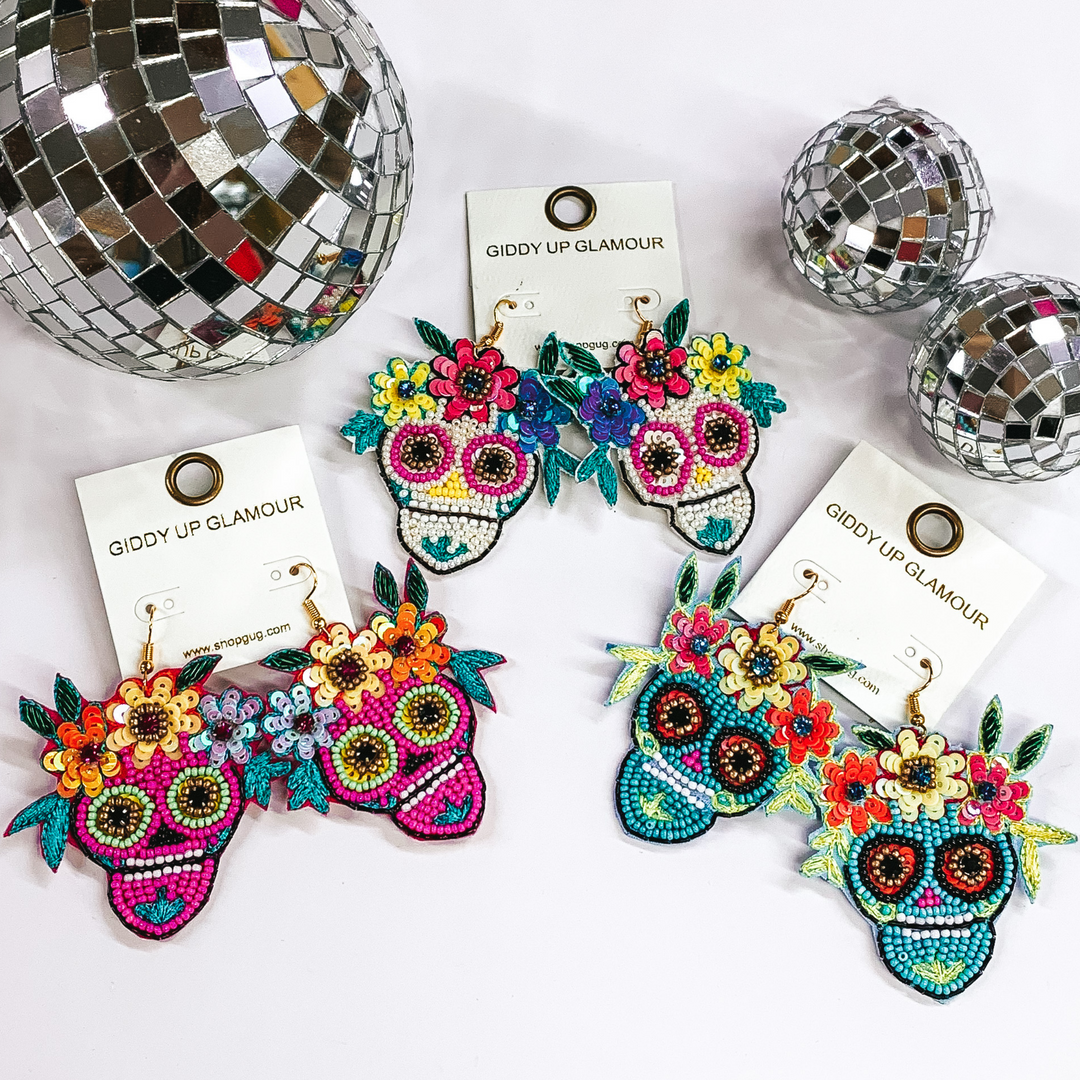 Beaded Sugar Skull Dangle Earrings in White - Giddy Up Glamour Boutique