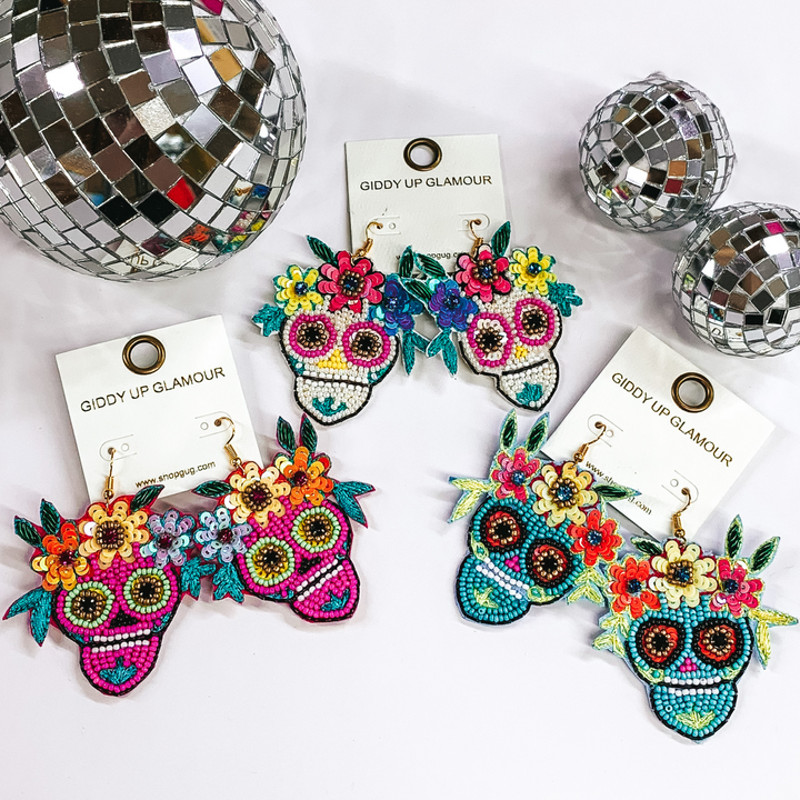 Beaded Sugar Skull Dangle Earrings in Turquoise - Giddy Up Glamour Boutique