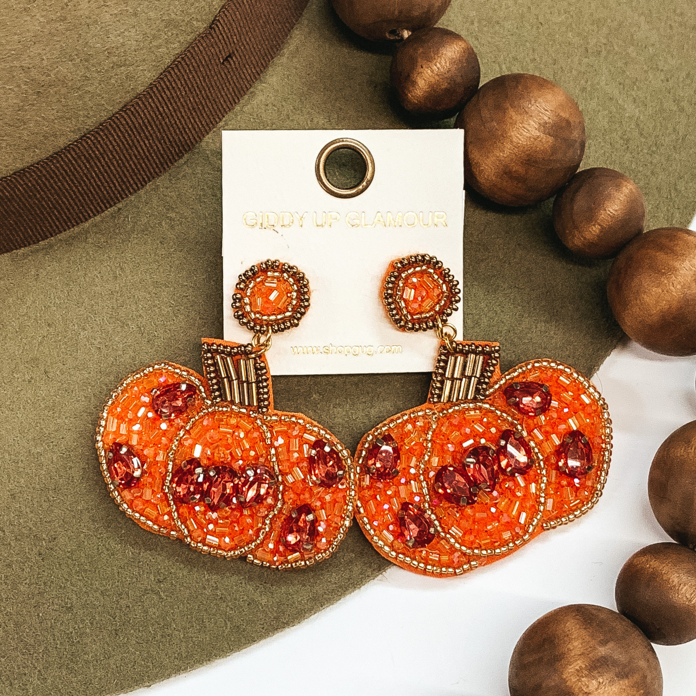 orange and red big beaded pumpkin earrings with gold beaded outline