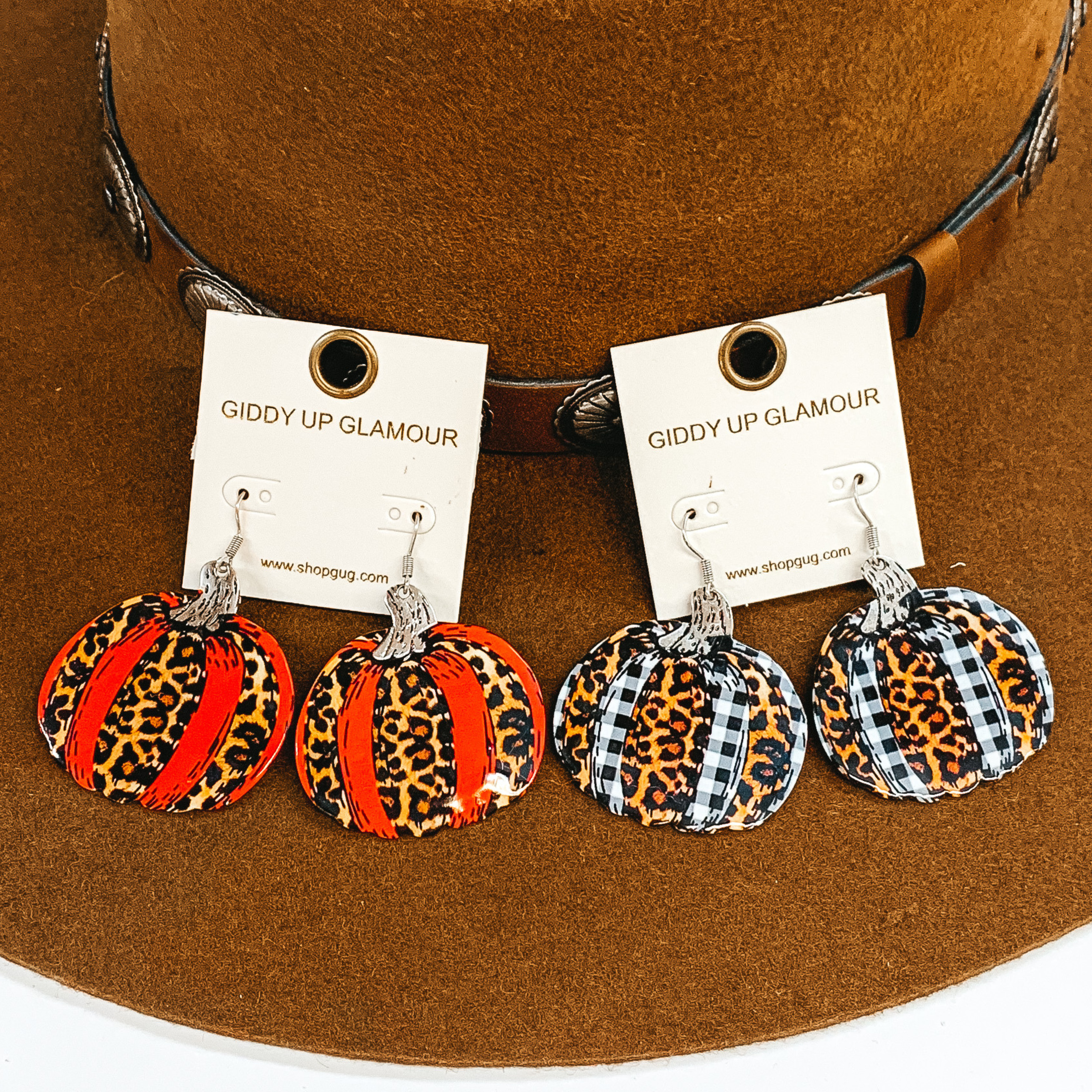 Pumpkin Metal Cutout Earrings in Leopard Print and Blood Orange - Giddy Up Glamour Boutique