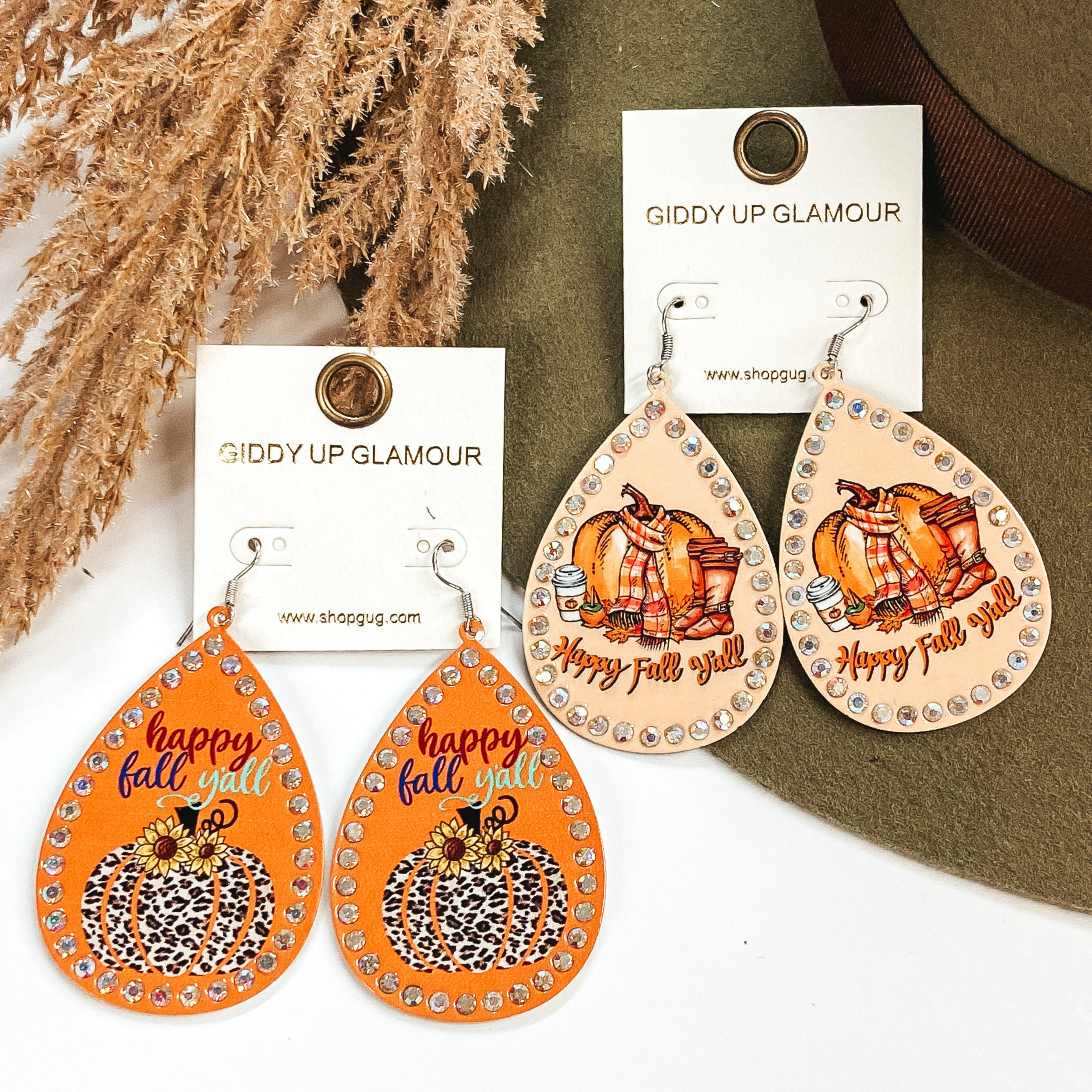 Happy Fall Y'all Teardrop Earrings in Orange with AB Crystals - Giddy Up Glamour Boutique