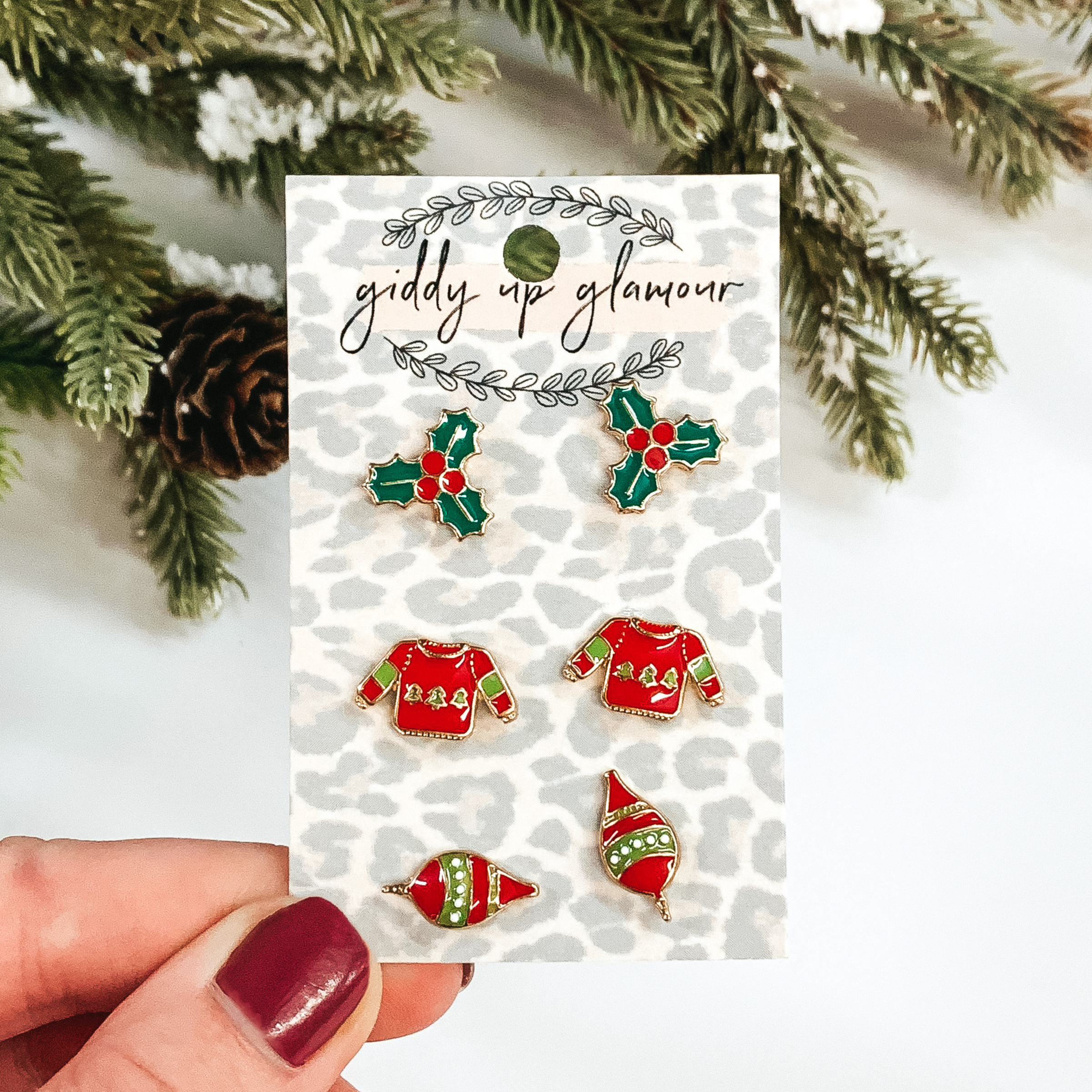 christmas mistletoe, sweater, and ornament stud earrings