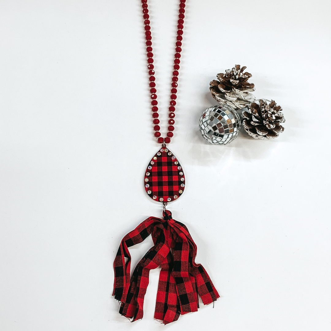 Crystal Beaded Necklace with Buffalo Plaid Teardrop Pendant and Tassel in Red - Giddy Up Glamour Boutique