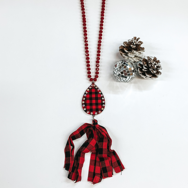 Crystal Beaded Necklace with Buffalo Plaid Teardrop Pendant and Tassel in Red - Giddy Up Glamour Boutique