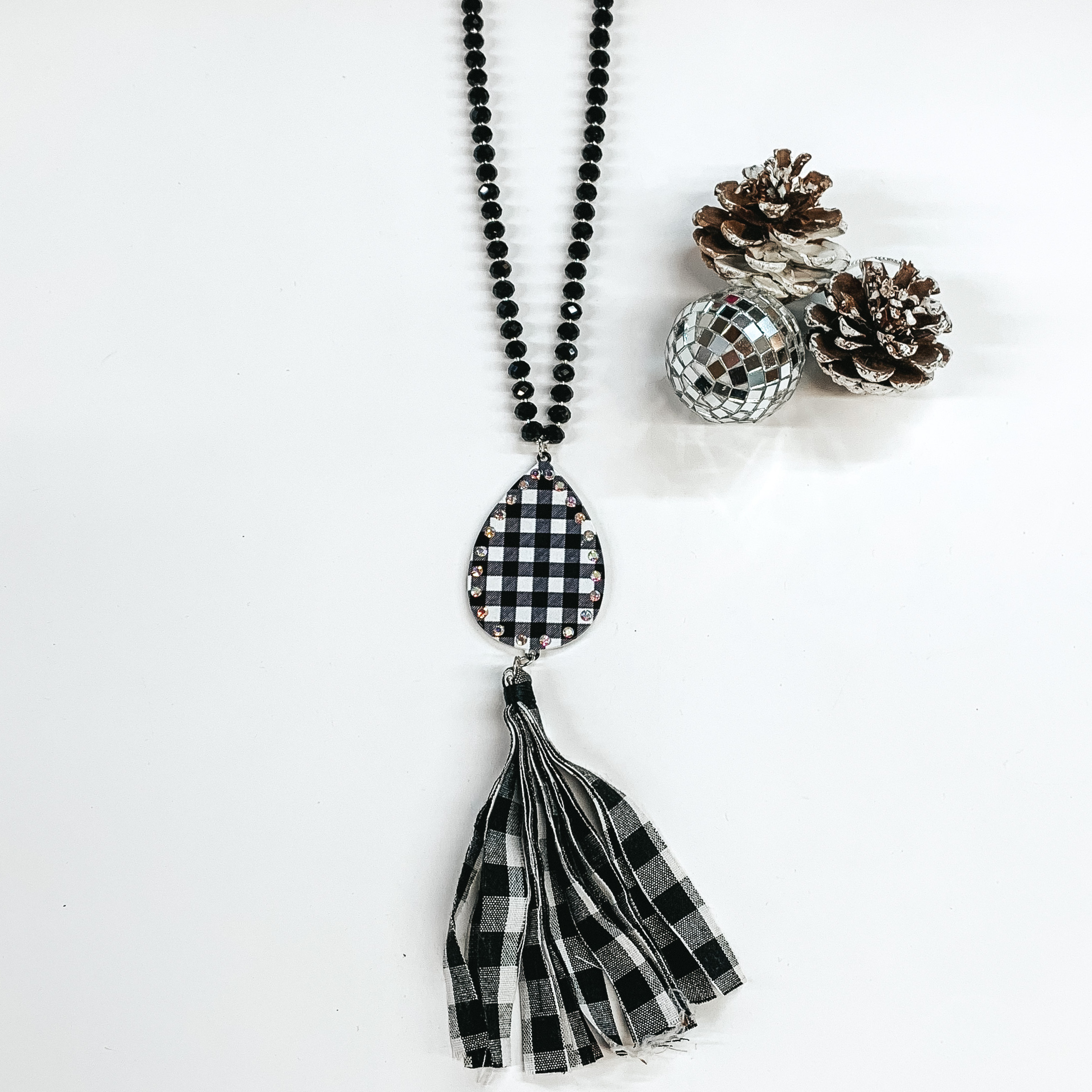 Crystal Beaded Necklace with Buffalo Plaid Teardrop Pendant and Tassel in Black - Giddy Up Glamour Boutique