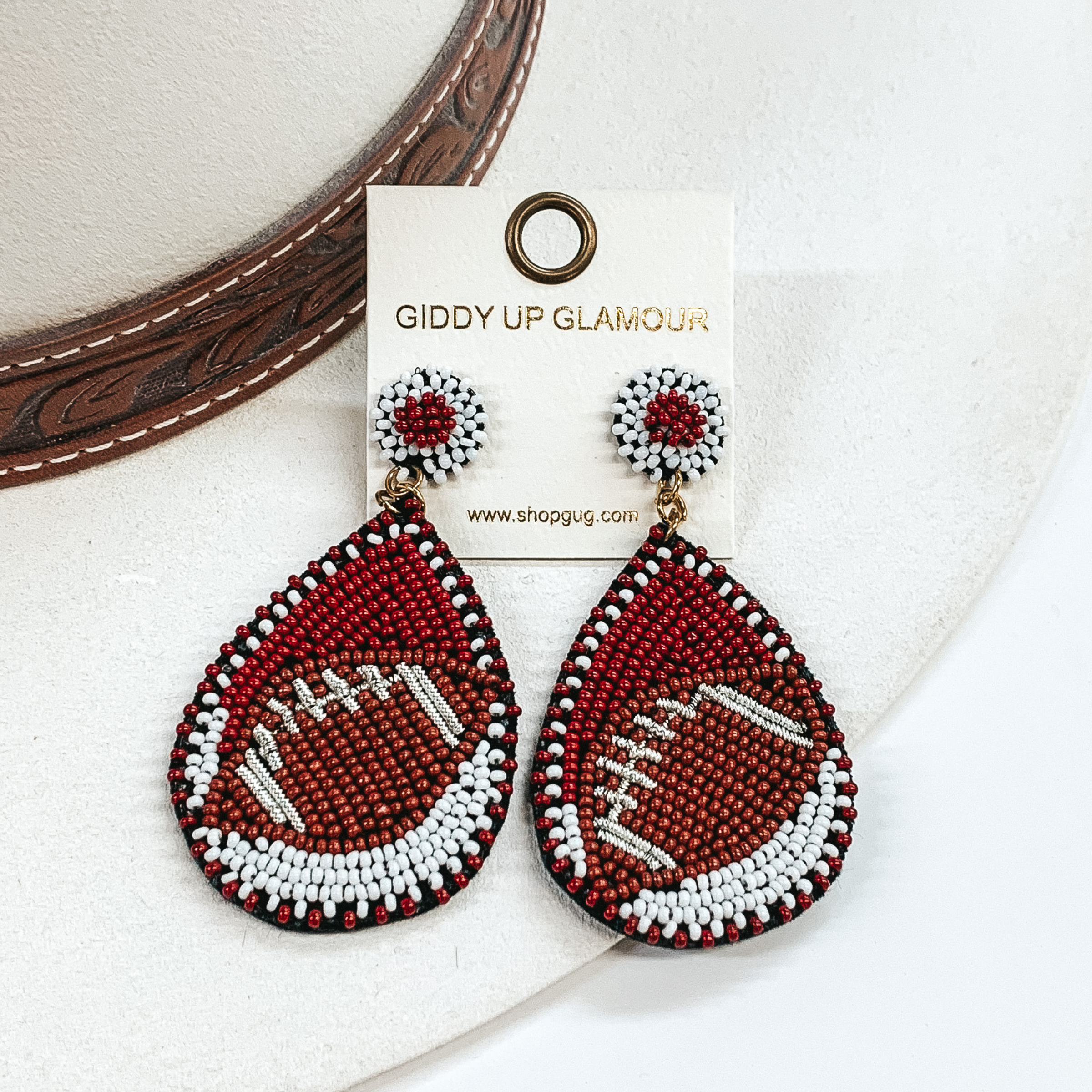 Game Day Ready Beaded Teardrop Earrings in Brown and White - Giddy Up Glamour Boutique