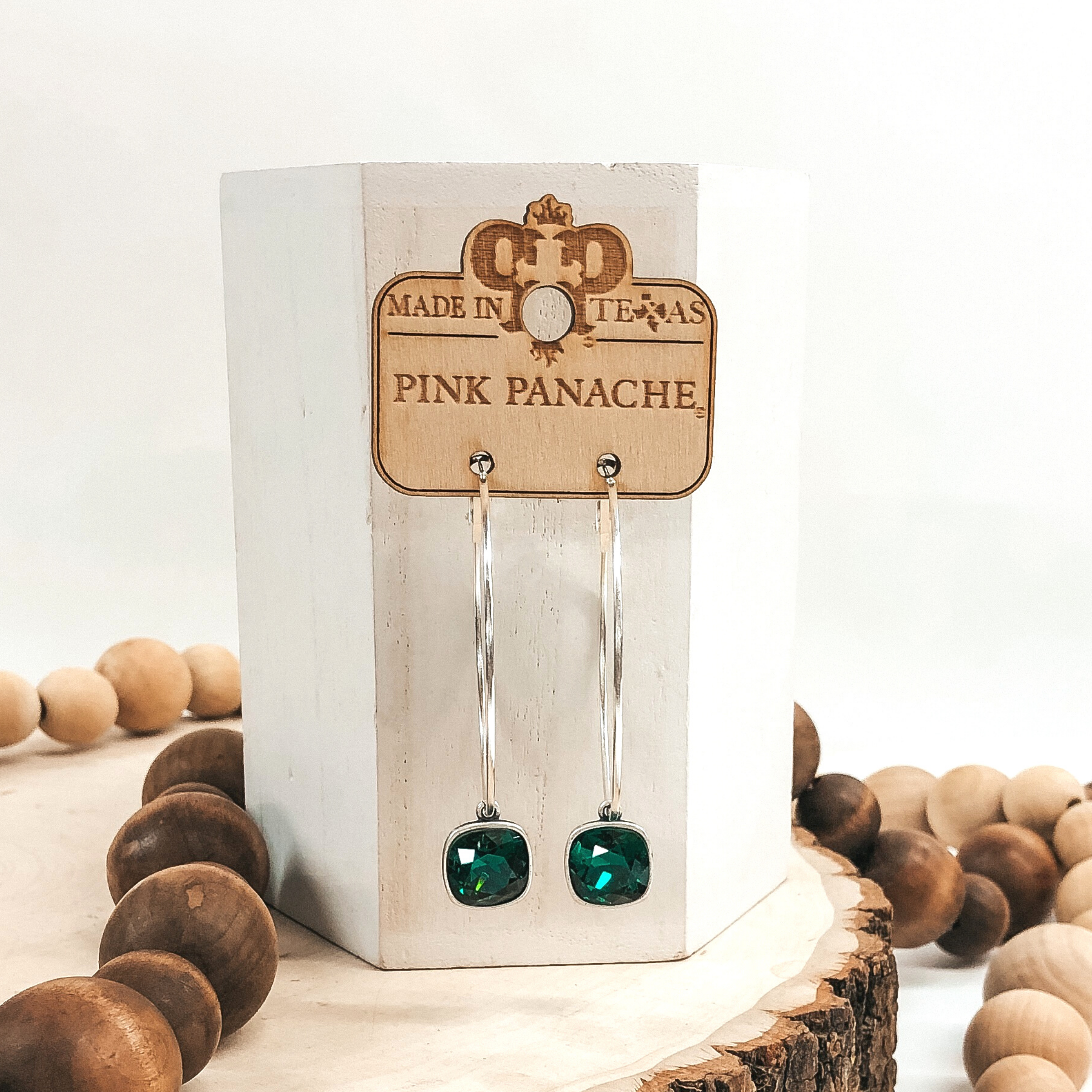 Pink Panache | Large Silver Hoop Earrings with Emerald Cushion Cut Crystals in Square Setting - Giddy Up Glamour Boutique