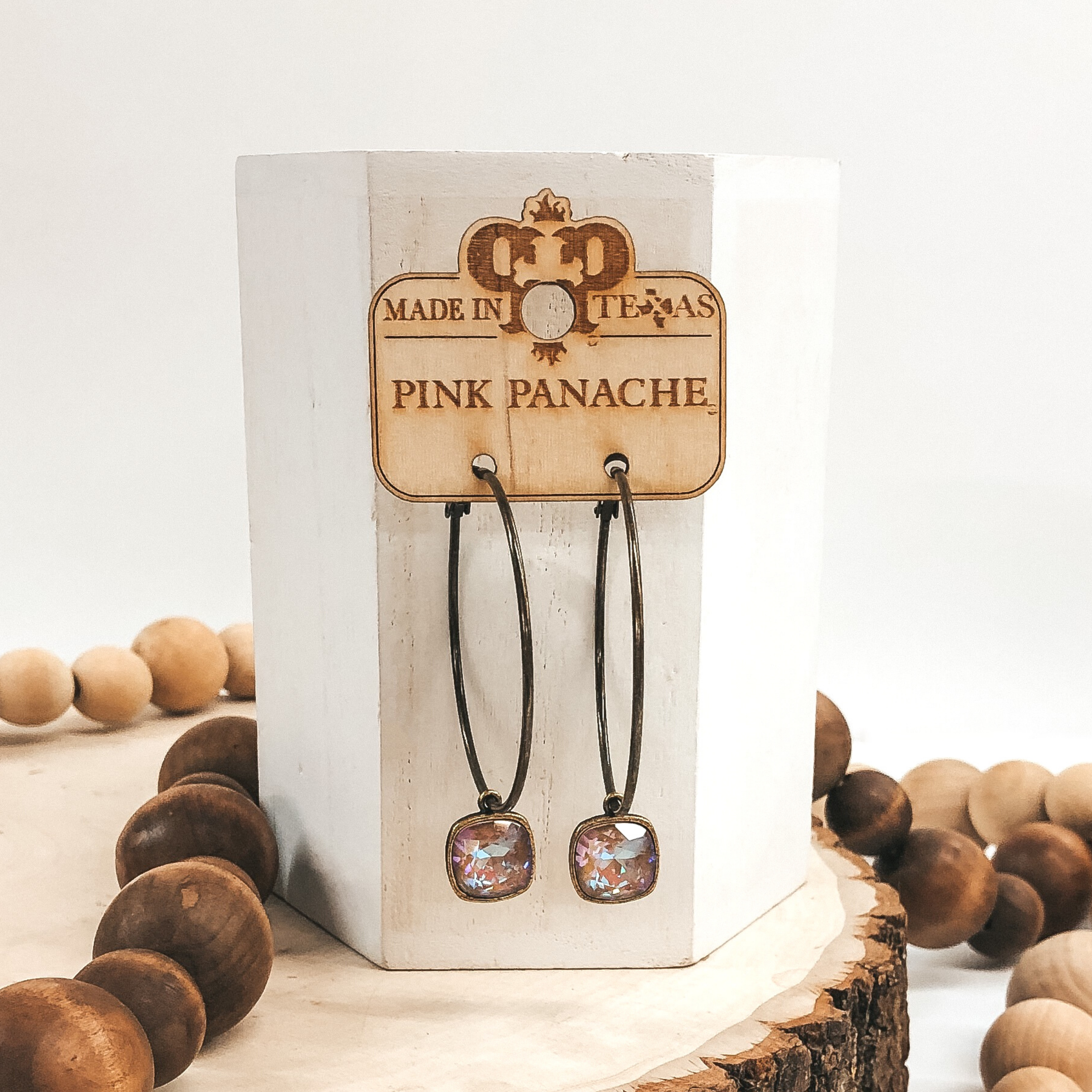 Pink Panache | Large Bronze Hoop Earrings with Cappuccino Cushion Cut Crystals in Square Setting - Giddy Up Glamour Boutique