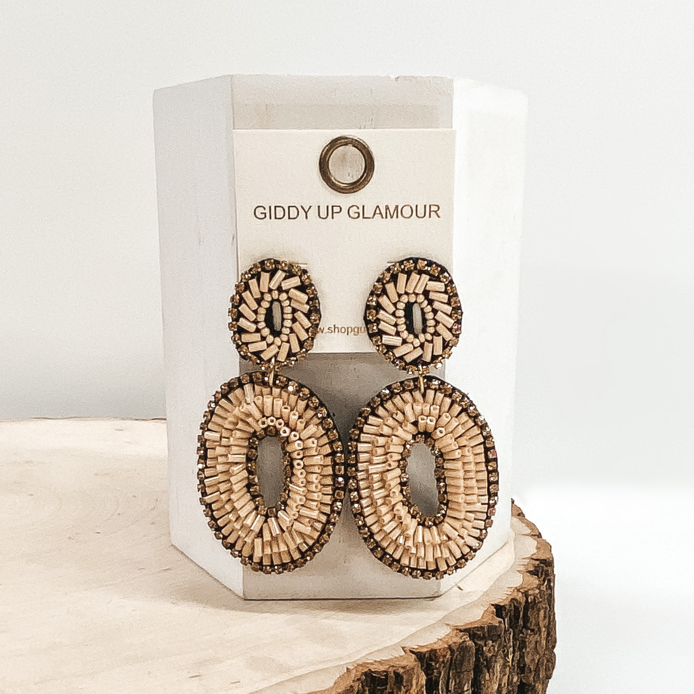 Bugle Bead Oval Earrings in Beige - Giddy Up Glamour Boutique