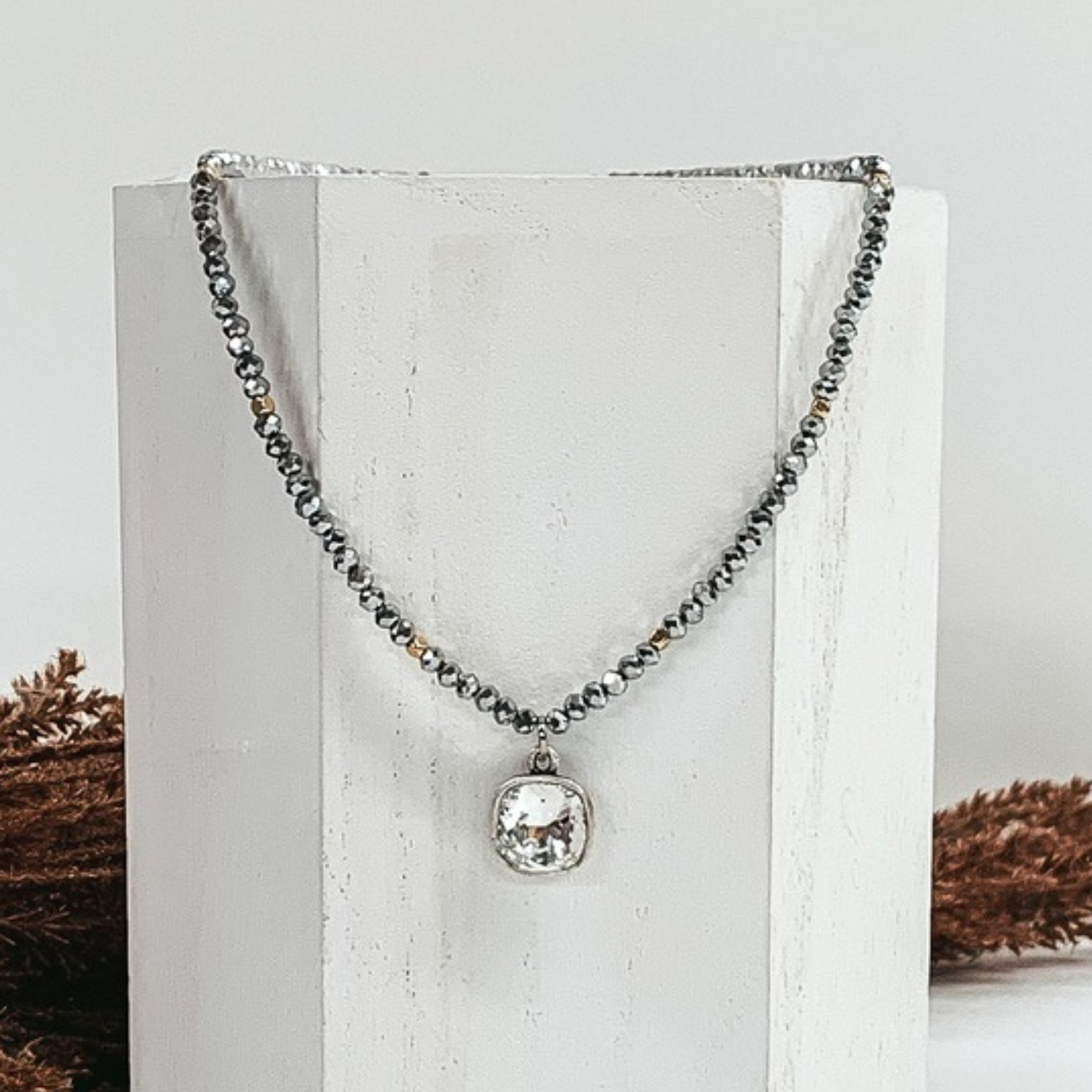 silver beaded necklace with clear crystal charm 