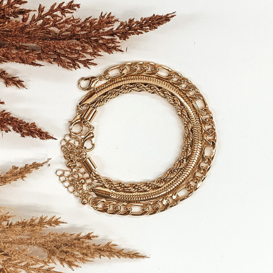 Hard to Resist Three Strand Multi Chain Bracelet in Gold - Giddy Up Glamour Boutique