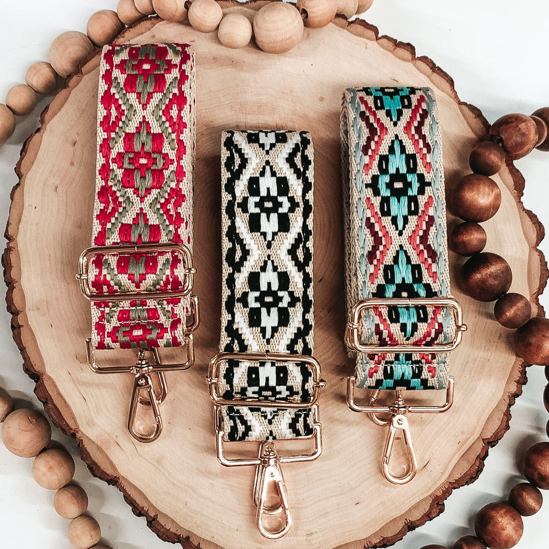 Embroidered Aztec Design on Beige Canvas Adjustable Purse Strap in Sage/Red - Giddy Up Glamour Boutique