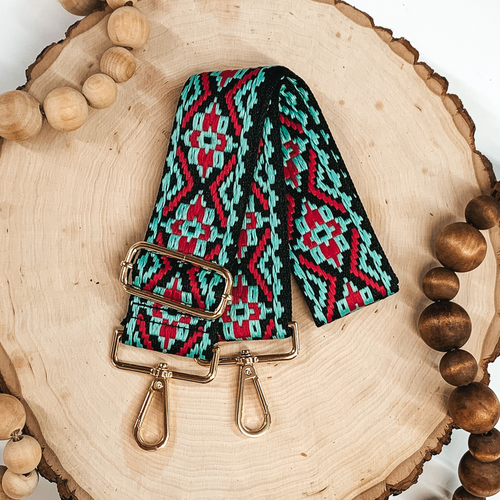 red and blue aztec designed removeable purse strap 