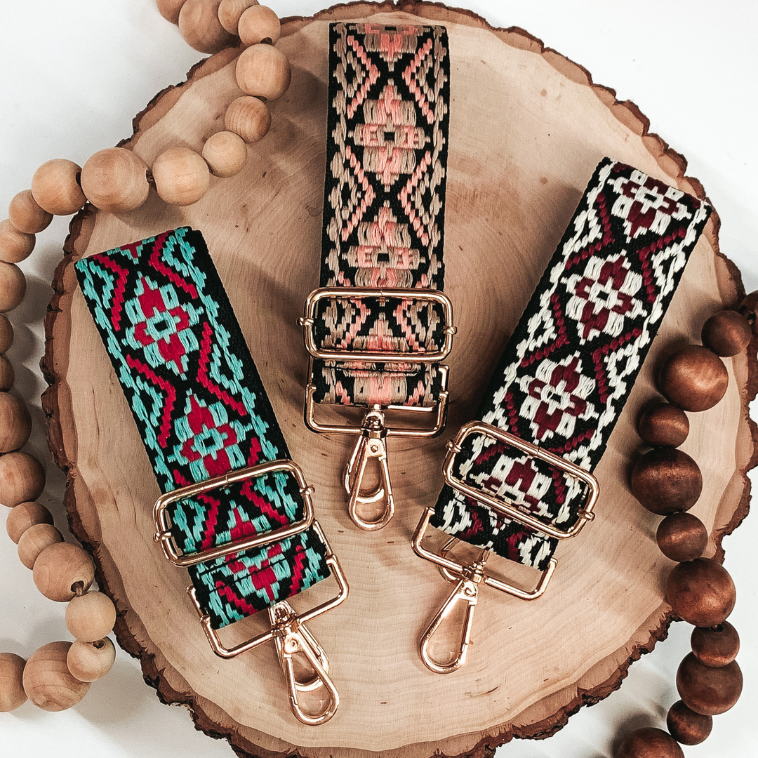 Embroidered Aztec Design on Black Canvas Adjustable Purse Strap in Red/Baby Blue - Giddy Up Glamour Boutique