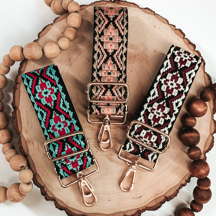 Embroidered Aztec Design on Black Canvas Adjustable Purse Strap in Red/Baby Blue - Giddy Up Glamour Boutique