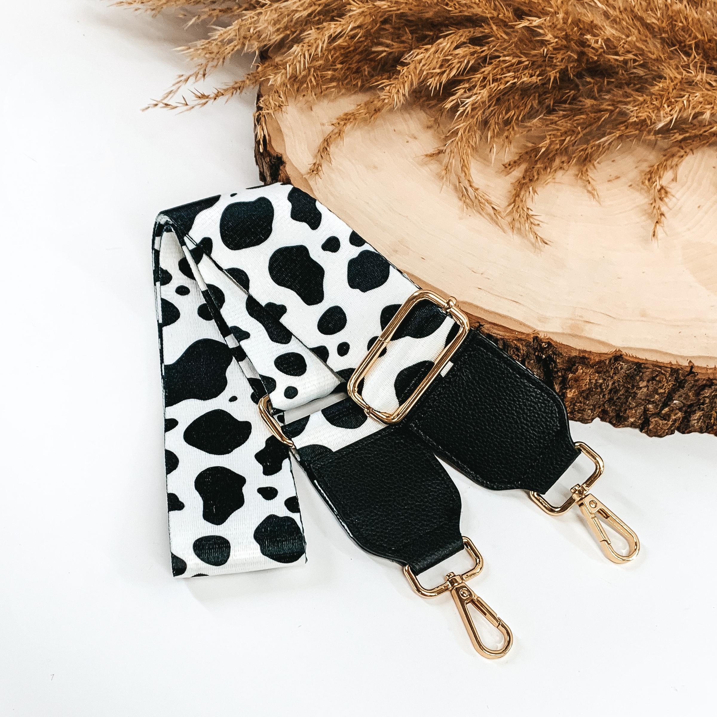 black and white cow printed removeable purse strap