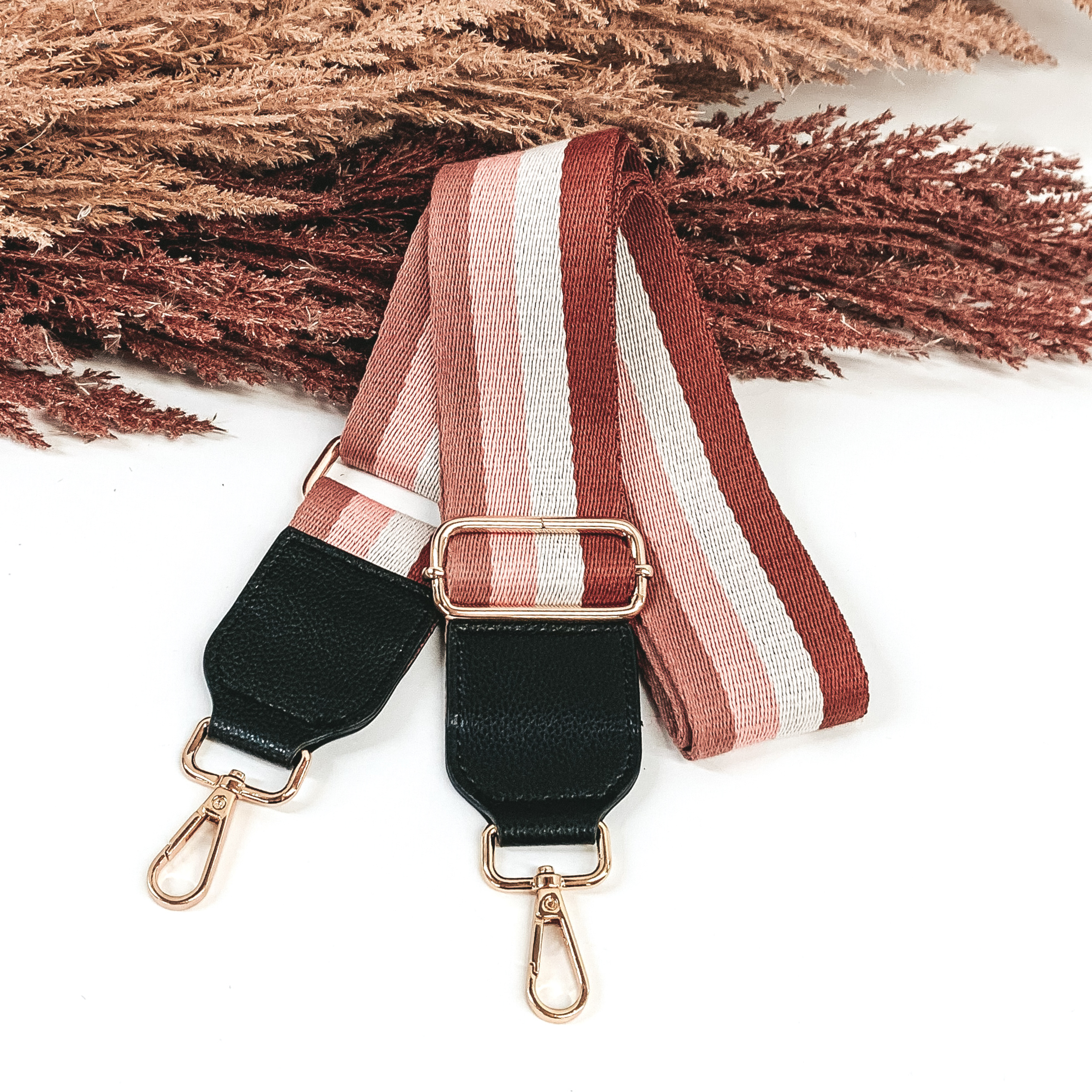 mauve, dusty pink, cream, and brown striped removeable purse strap 