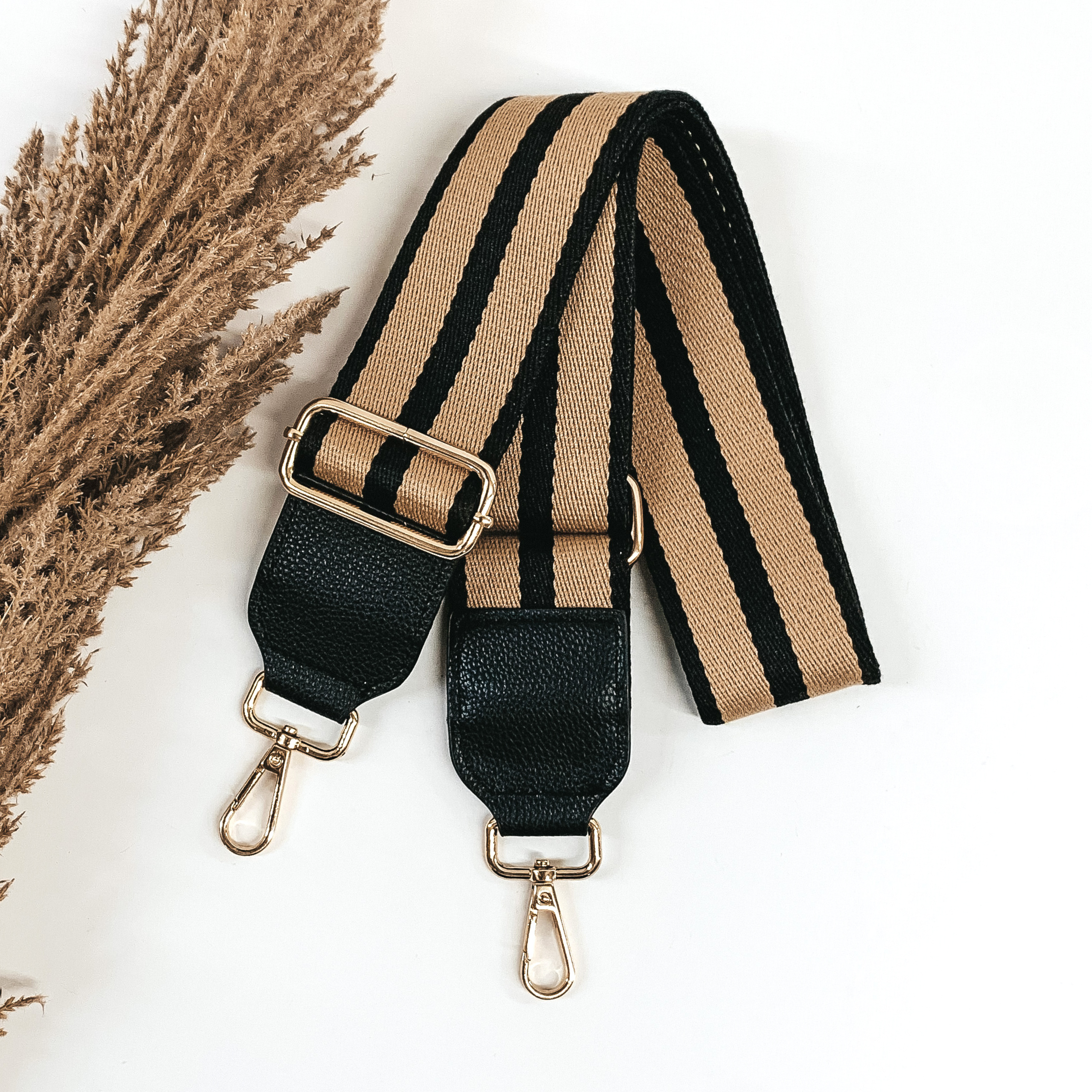 striped tan and blacked removeable purse strap